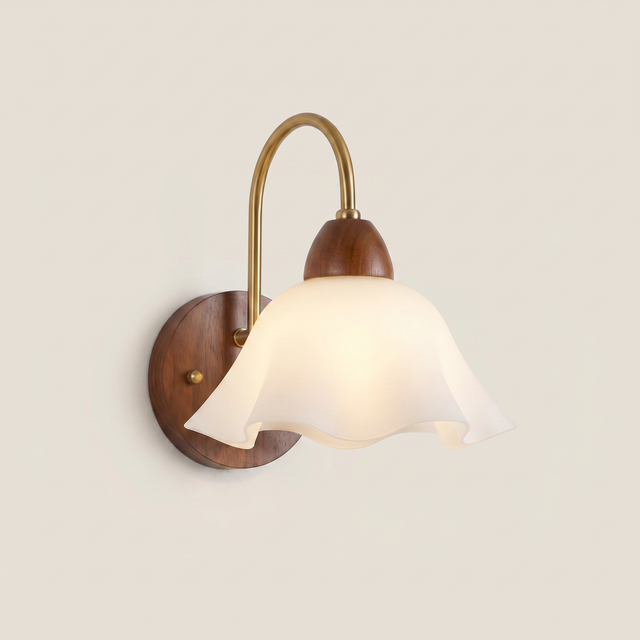 Close-up of walnut wood single-head mid-century wall sconce showing smooth walnut finish and wood grain texture