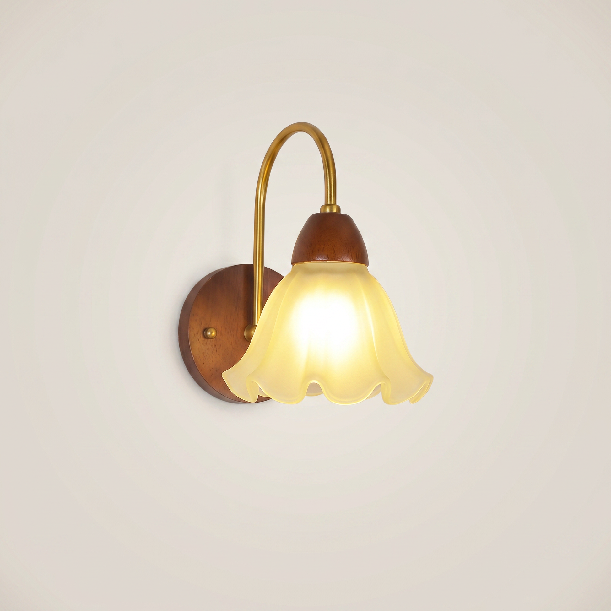Eye-level view of walnut wood single-head mid-century wall sconce with walnut finish in minimalist bedroom setting