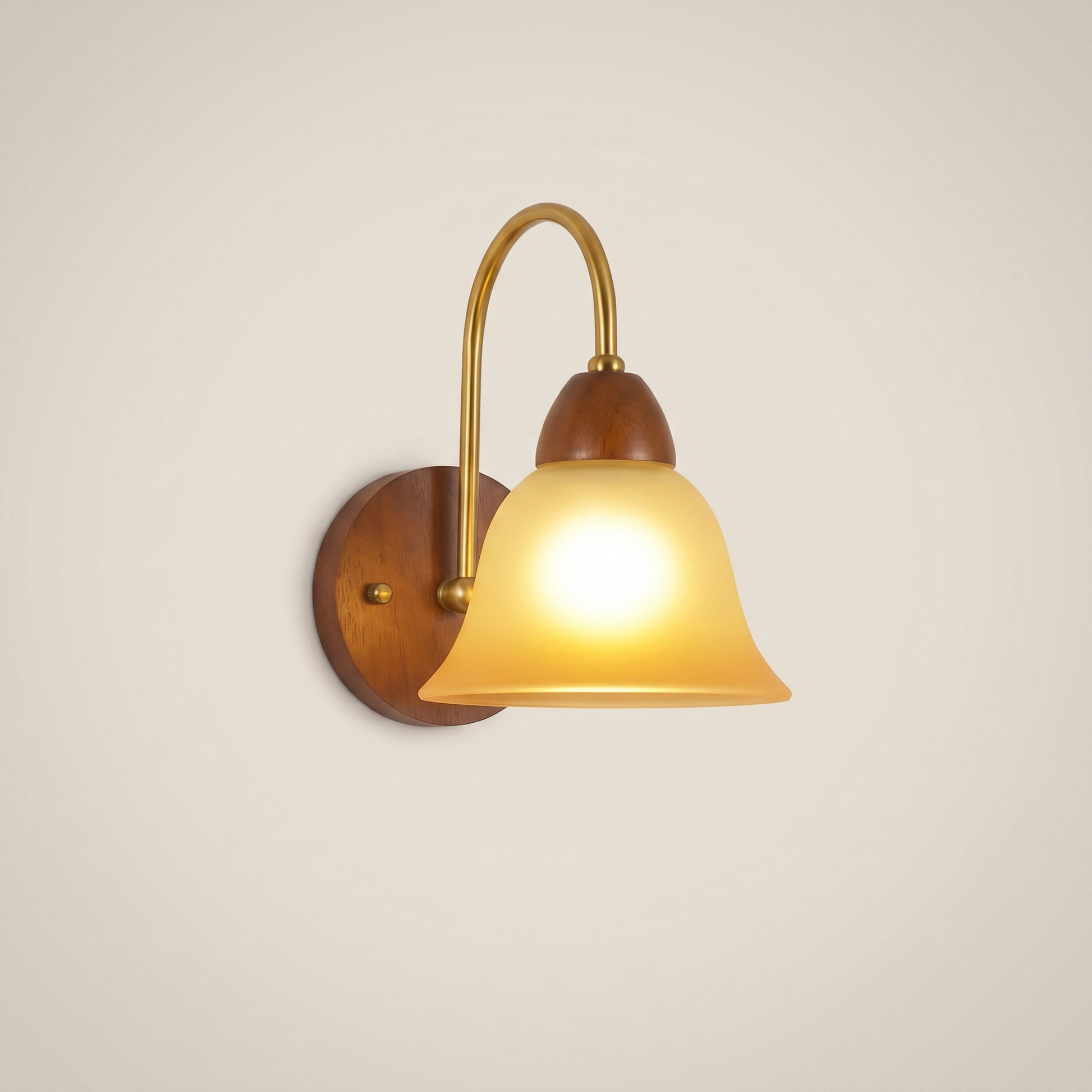 Walnut wood single-head mid-century wall sconce shown front view with walnut finish mounted on bedroom wall at position zero