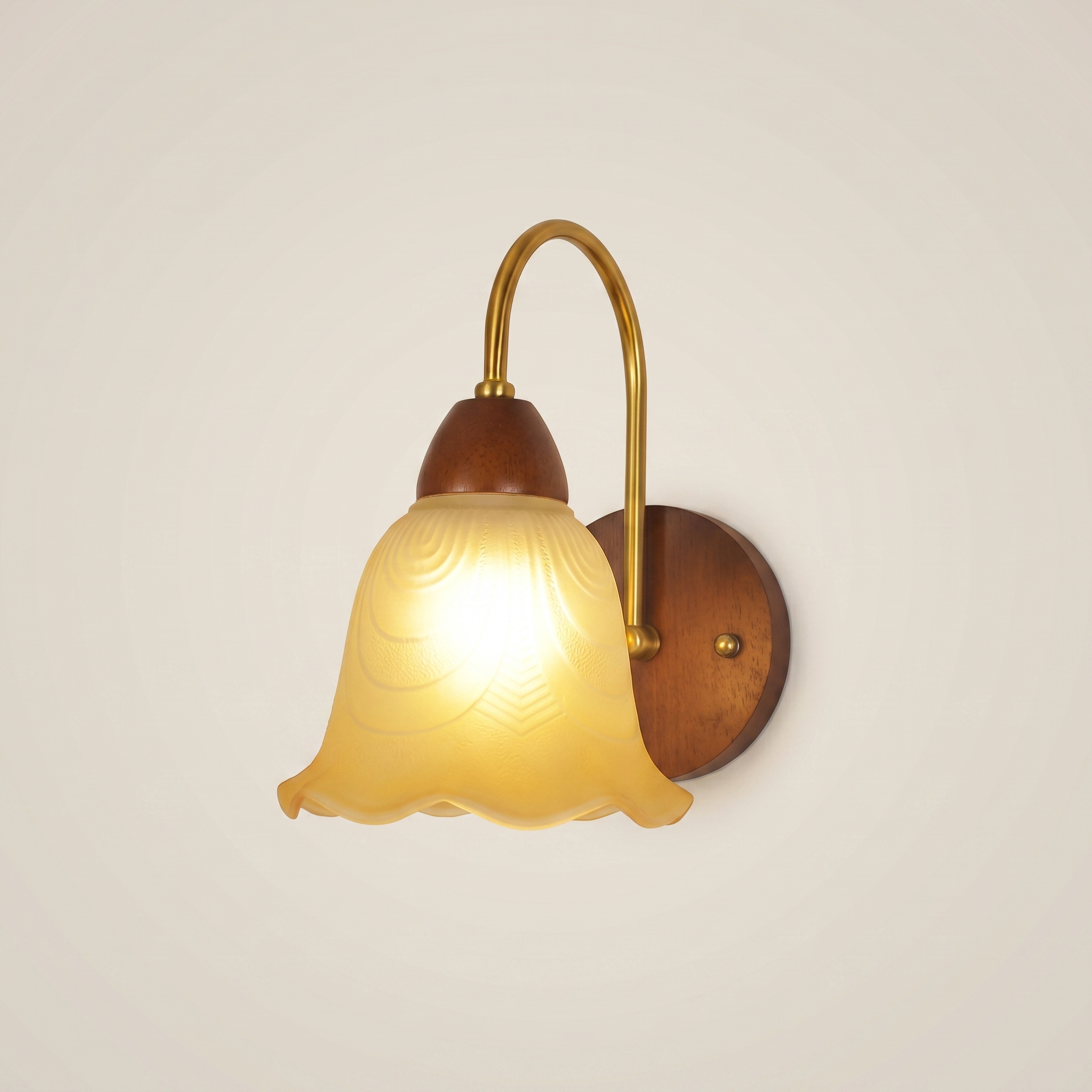 Front view of walnut wood single-head mid-century wall sconce with walnut finish showing simple mid-century design
