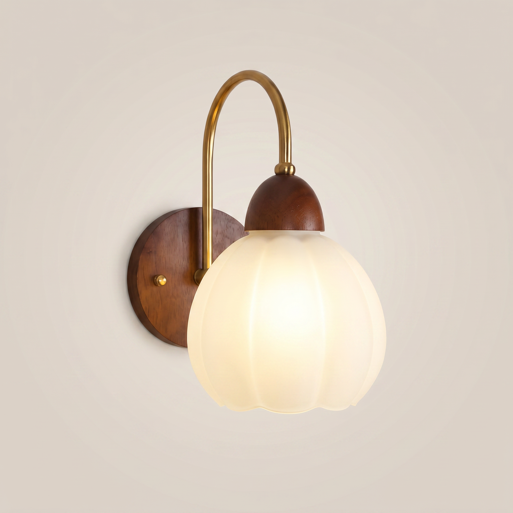 Front view of walnut wood single-head mid-century wall sconce with walnut finish mounted simply on wall
