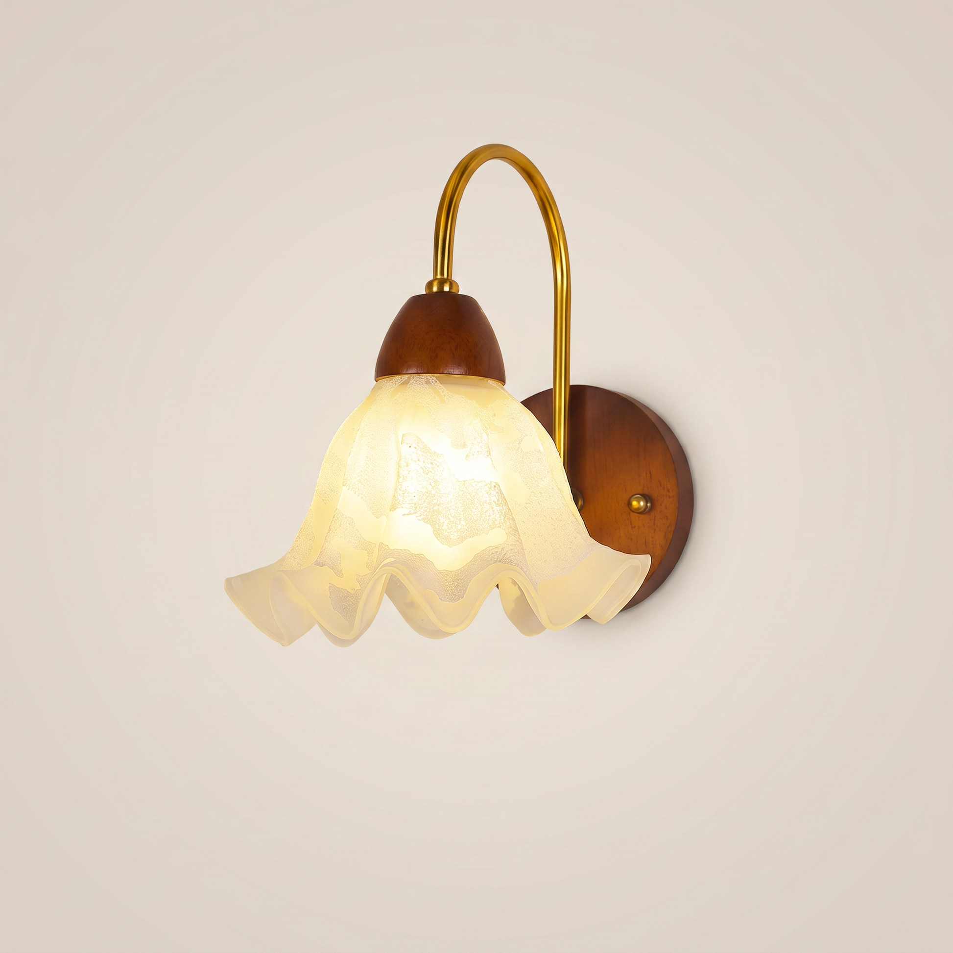 Low angle view of walnut wood single-head mid-century wall sconce with walnut finish showing elegant bedroom setting
