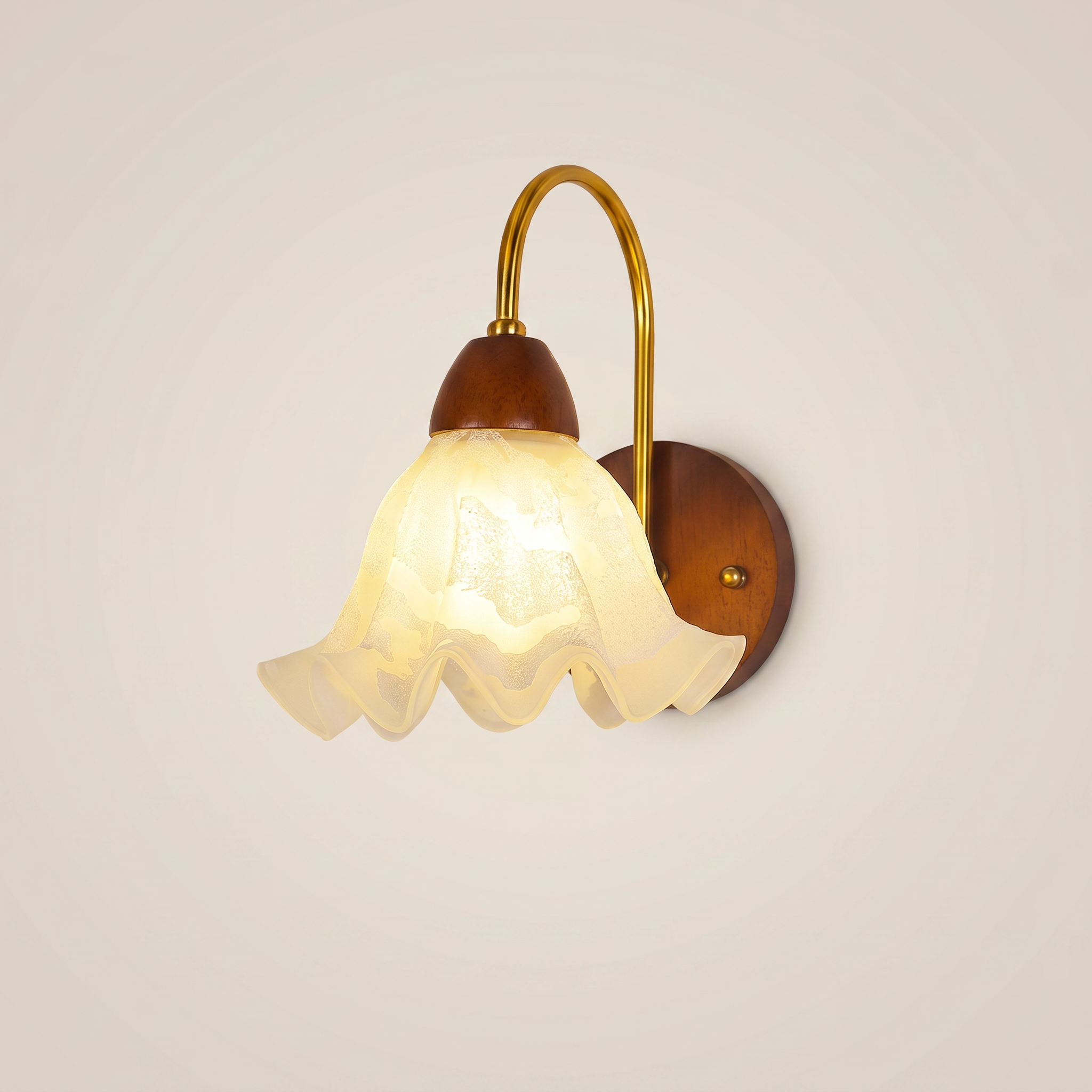 Low angle view of walnut wood single-head mid-century wall sconce with walnut finish showing elegant bedroom setting
