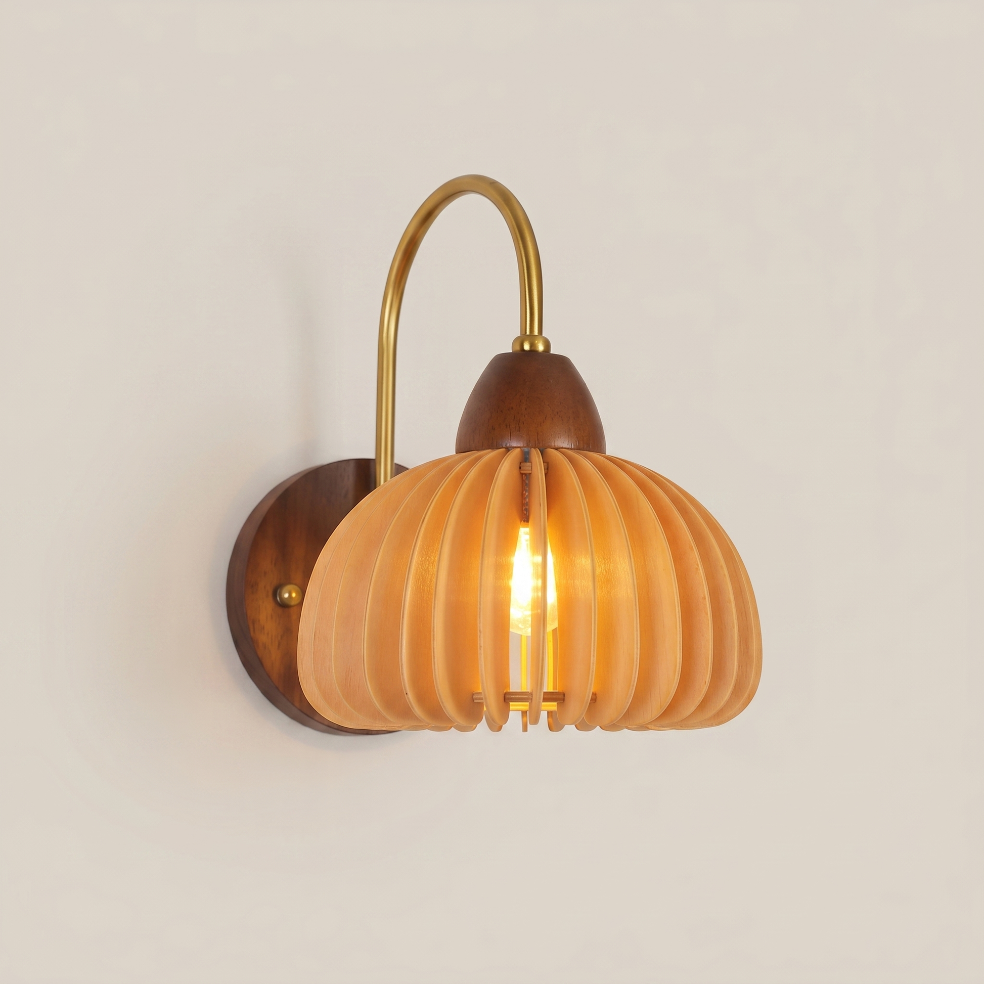 Low angle view of walnut wood single-head mid-century wall sconce with walnut finish in minimalist interior