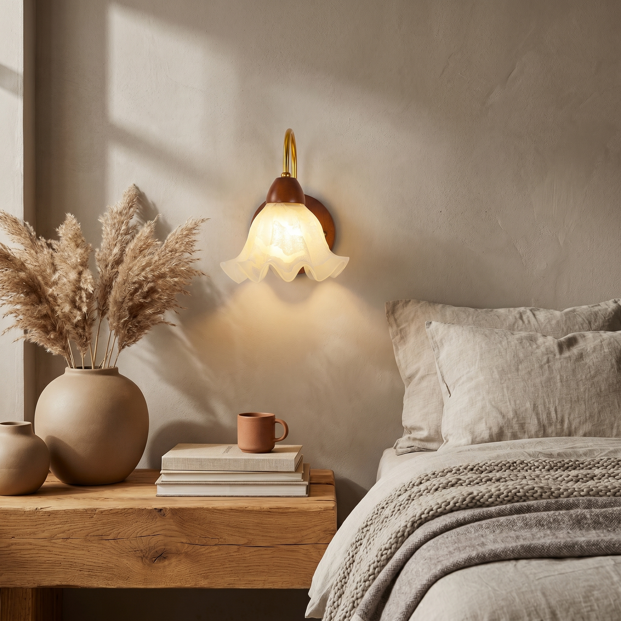 Walnut wood single-head mid-century wall sconce shown over-the-shoulder angle with walnut finish on hallway wall