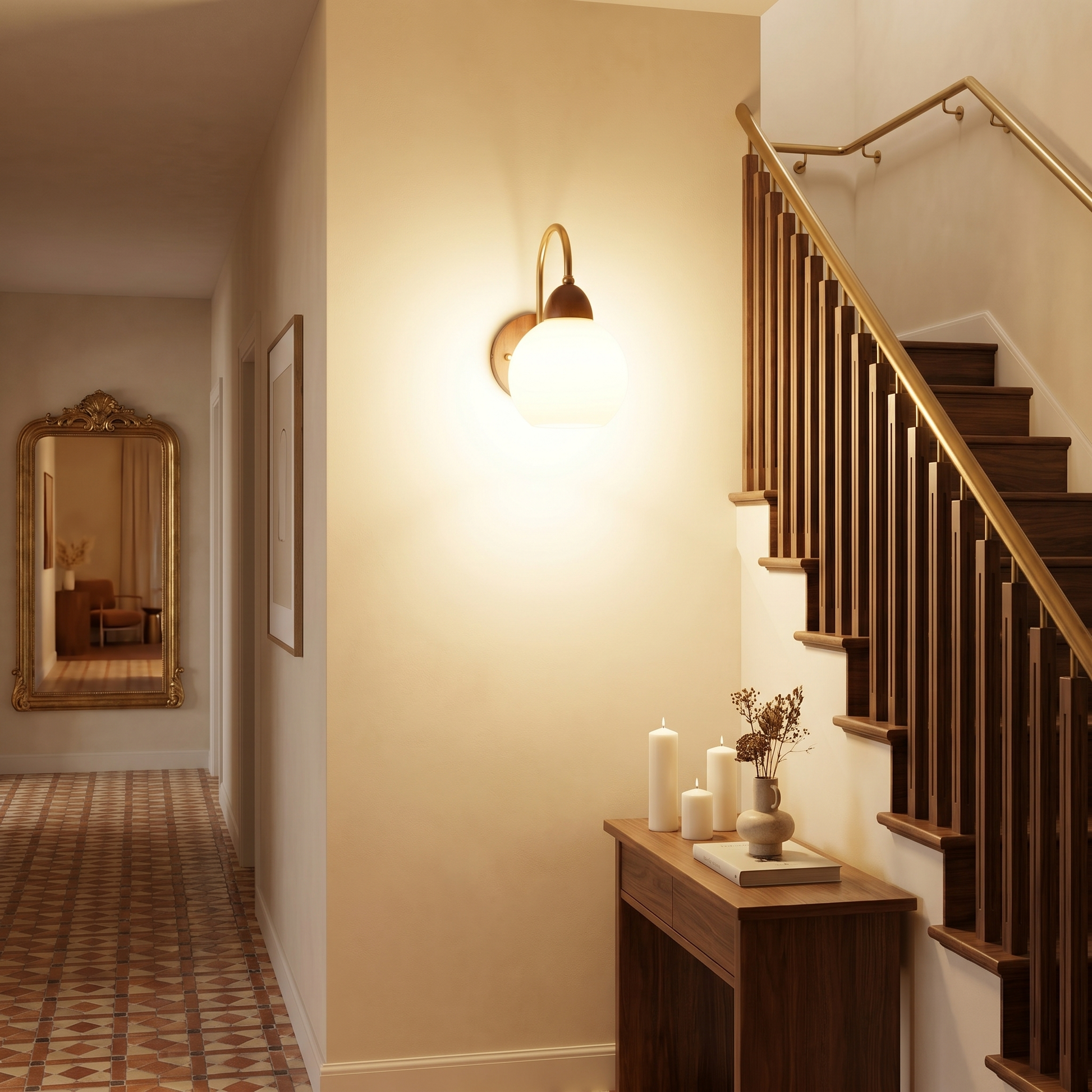 Walnut wood single-head mid-century wall sconce shown side profile with walnut finish mounted on bathroom wall