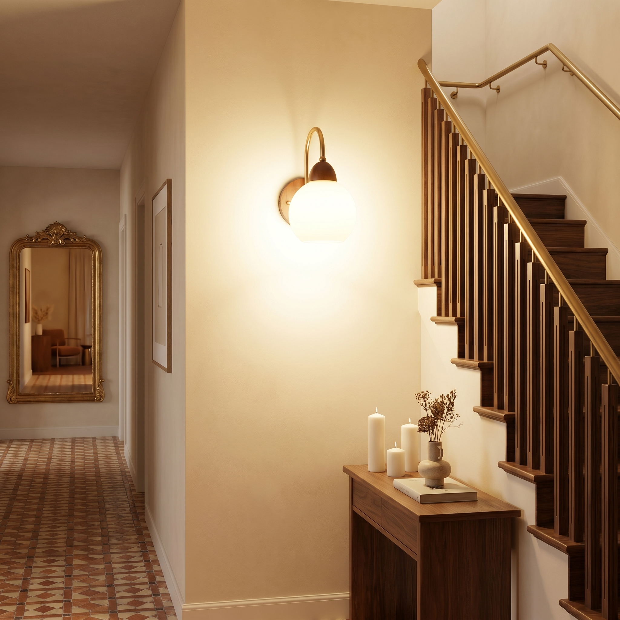 Walnut wood single-head mid-century wall sconce shown side profile with walnut finish mounted on bathroom wall