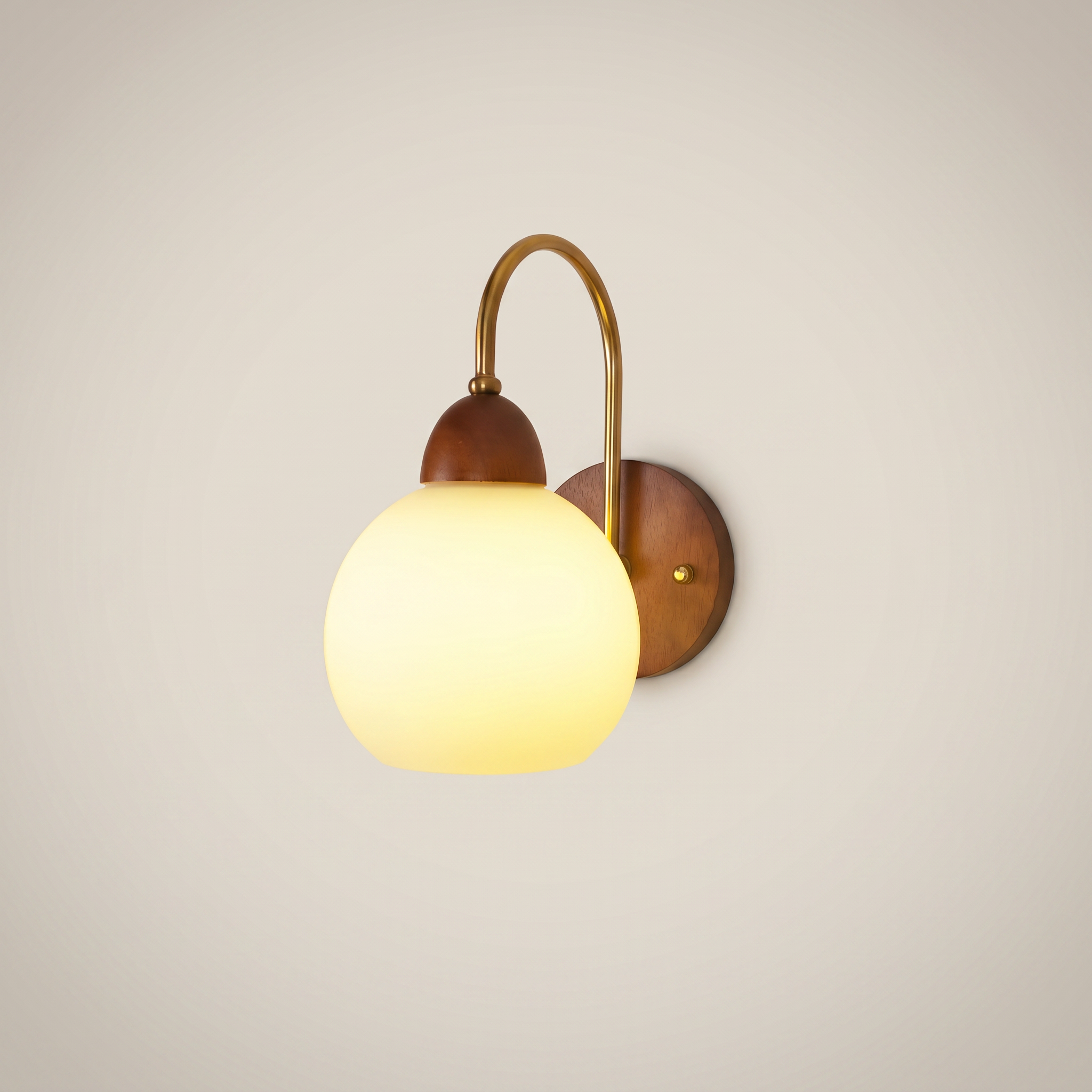 Side profile of walnut wood single-head mid-century wall sconce with walnut finish providing ambient bedroom lighting