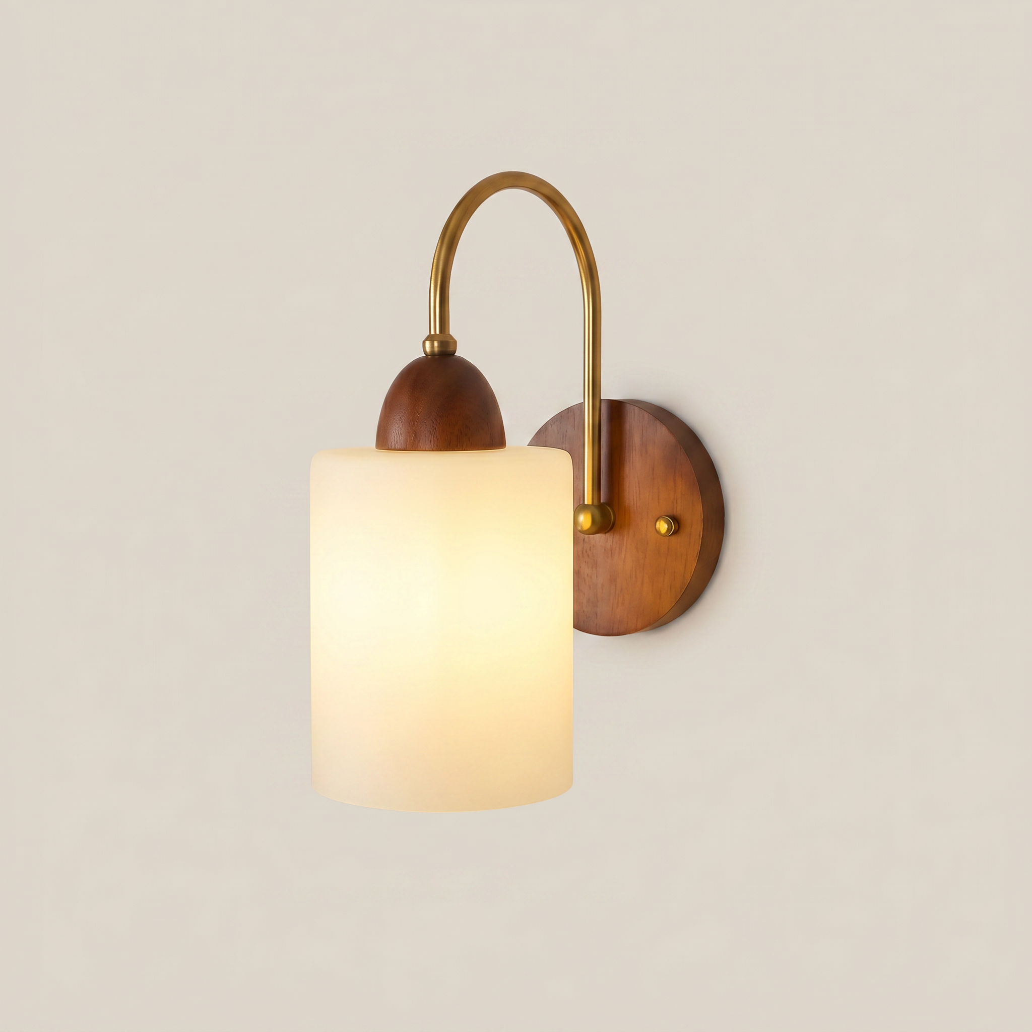 Side profile of walnut wood single-head mid-century wall sconce with walnut finish mounted on bedroom wall