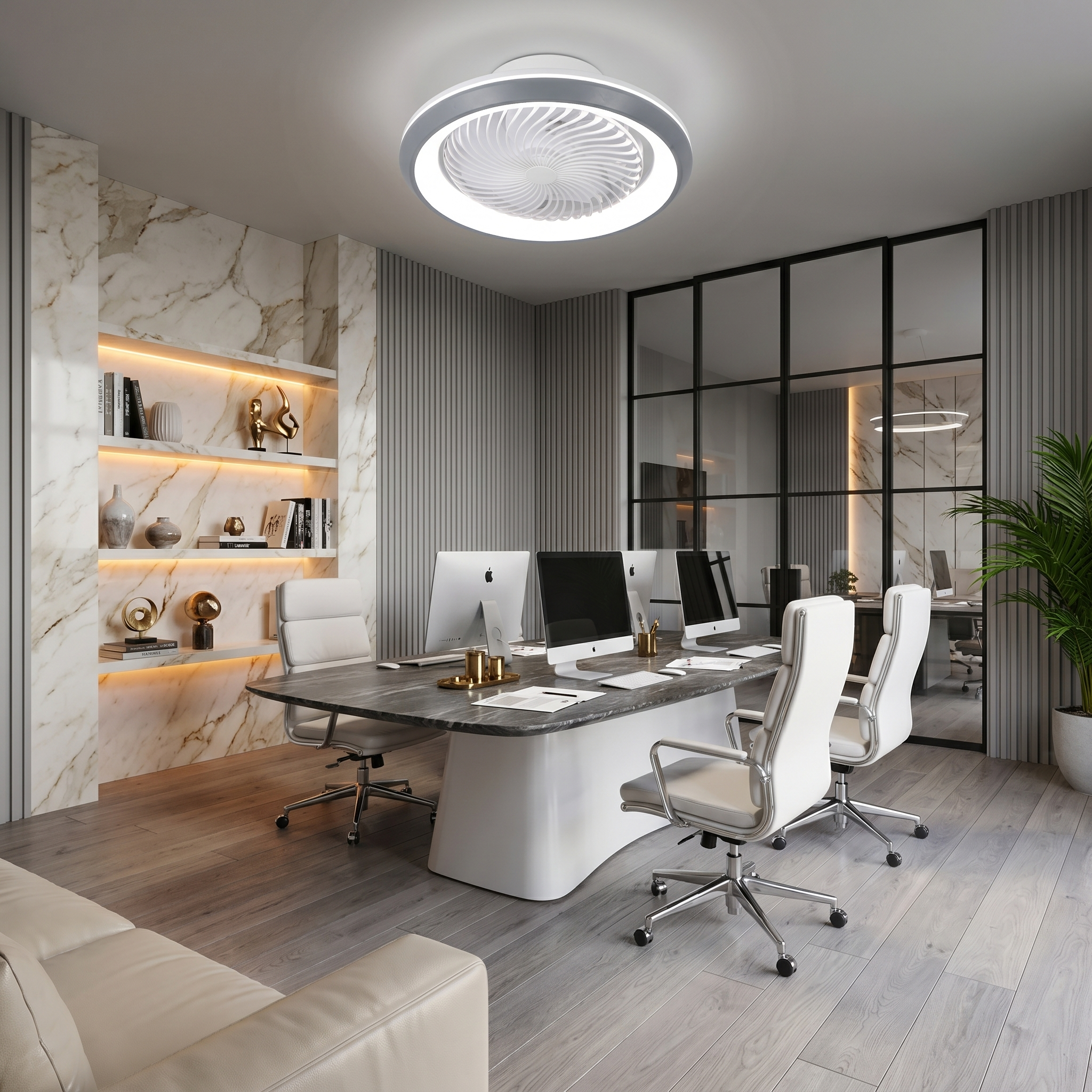 White Kazetsu model 19.3 inch wide ceiling fan light ambient room view in home office with flush mount and integrated LED ring