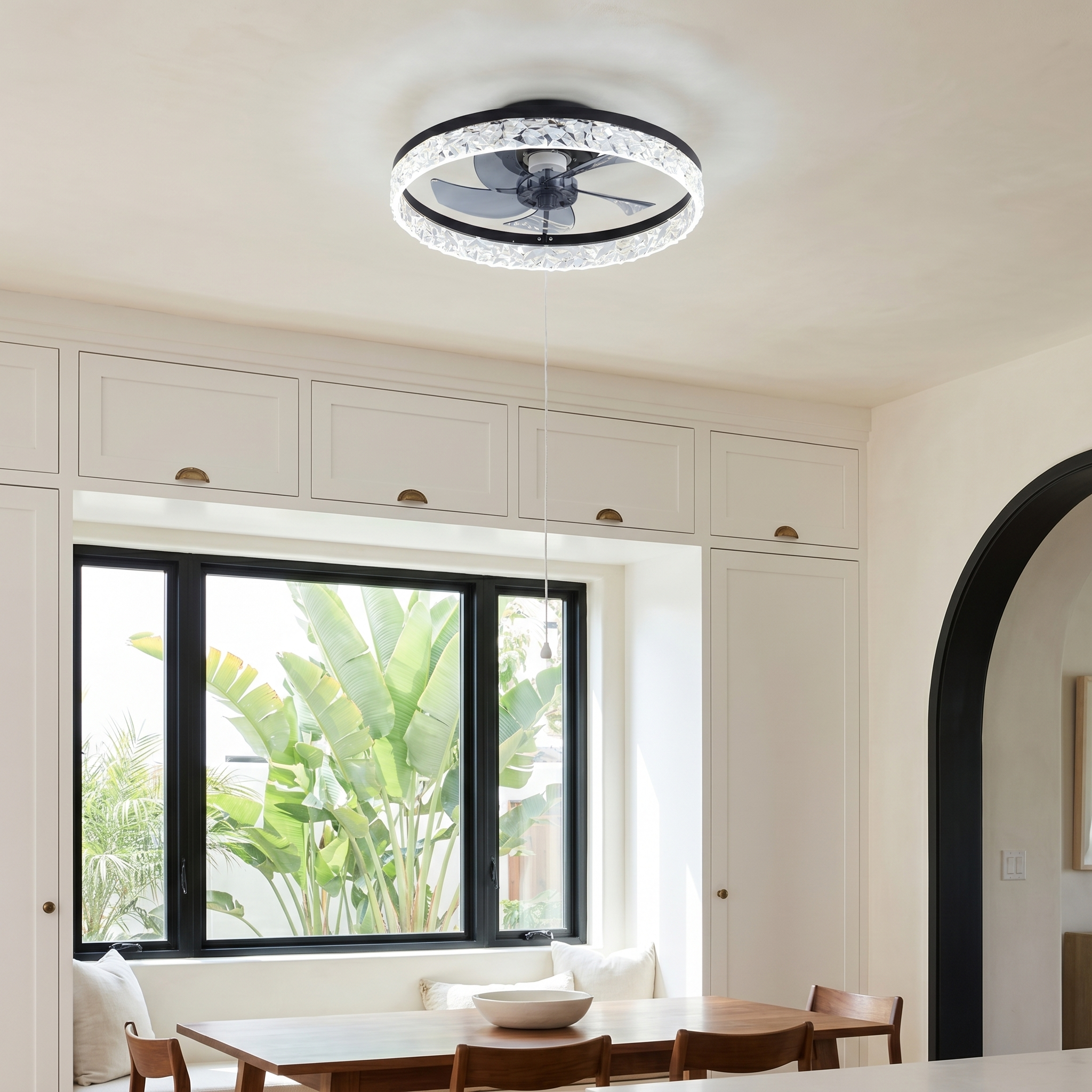 White Kazetsu model 19.3 inch wide ceiling fan light ambient room view in kitchen with flush mount and integrated LED ring