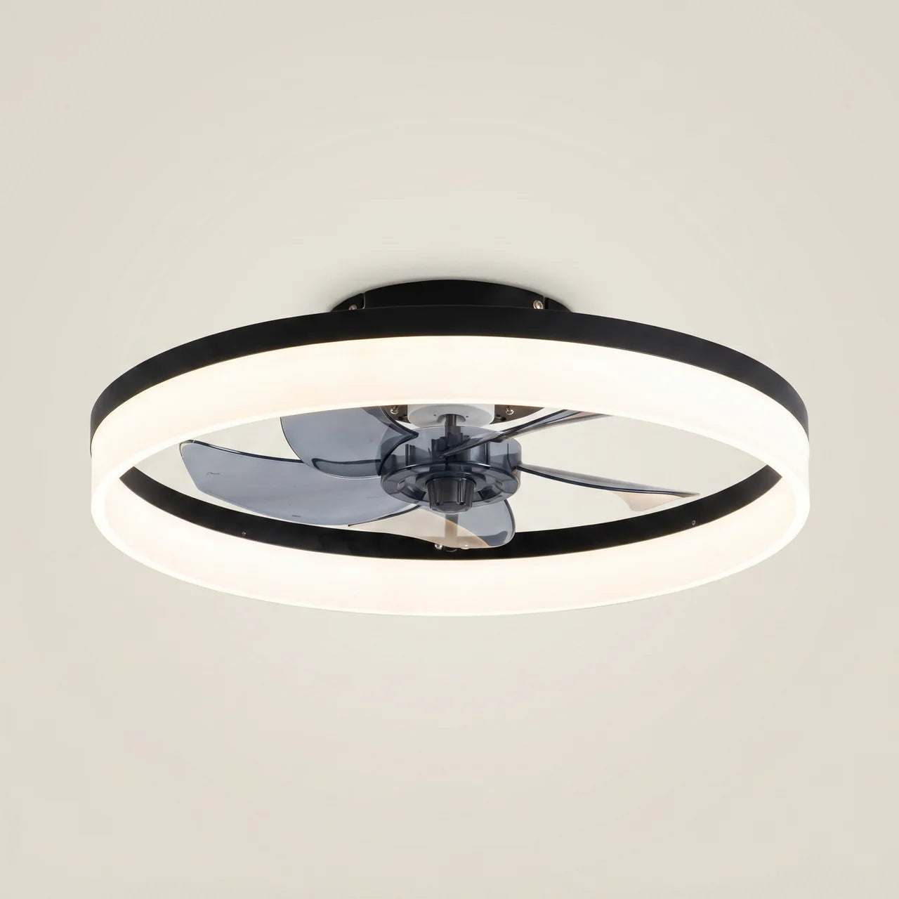 White Kazetsu model 19.3 inch wide ceiling fan light ambient room lifestyle balcony scene with flush mount and integrated LED ring