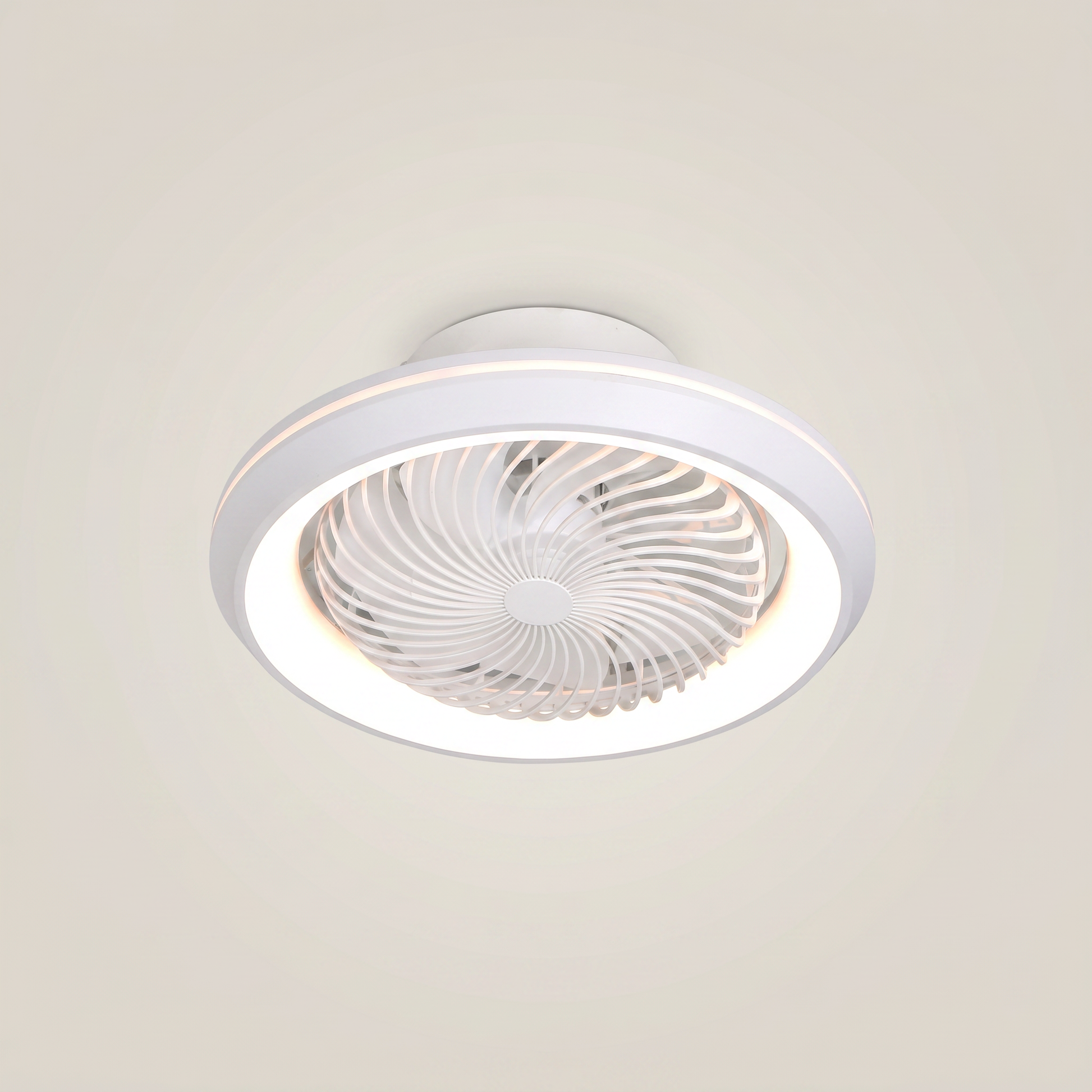 White Kazetsu model 19.3 inch wide ceiling fan light close-up showing integrated LED ring and flush mount