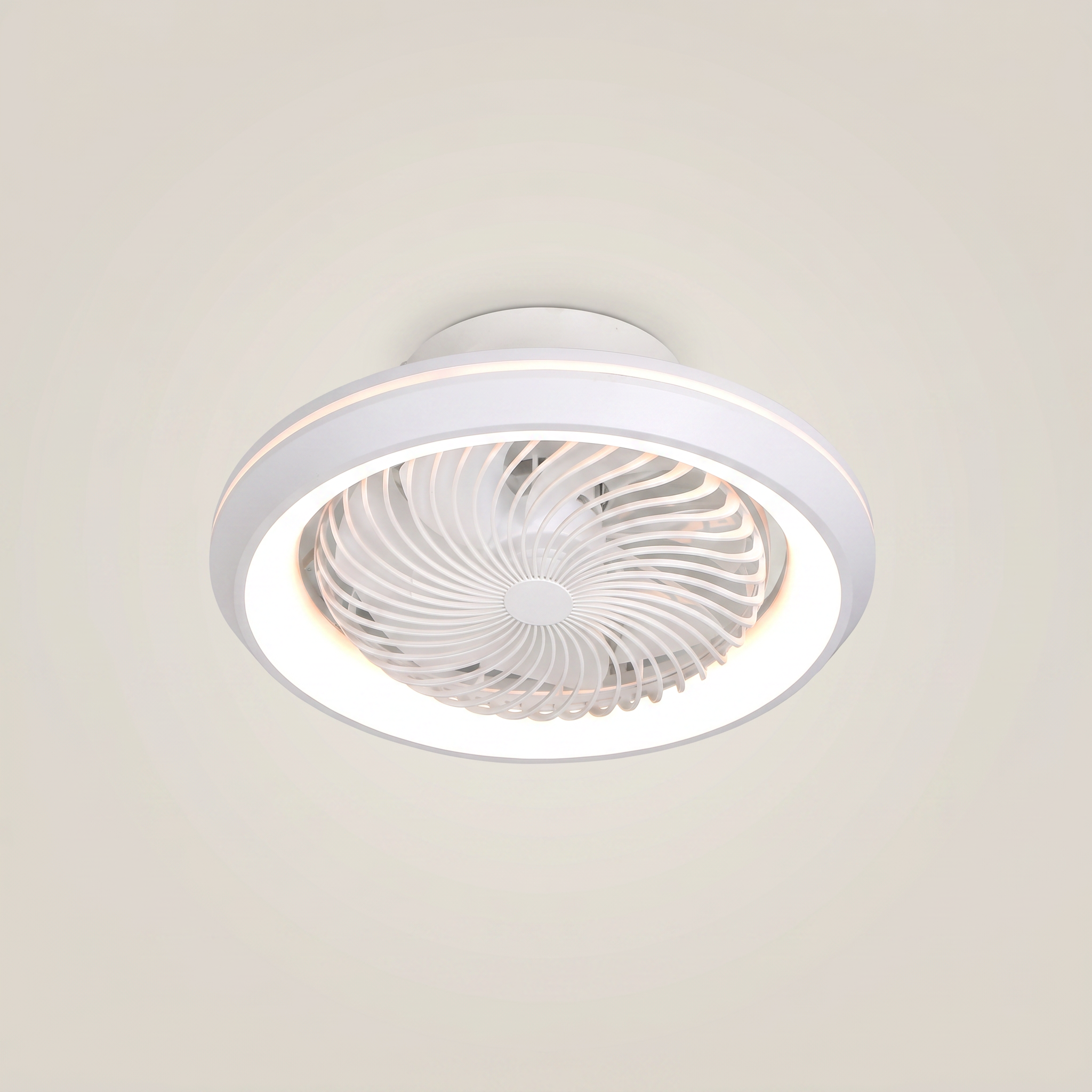 White Kazetsu model 19.3 inch wide ceiling fan light close-up showing integrated LED ring and flush mount