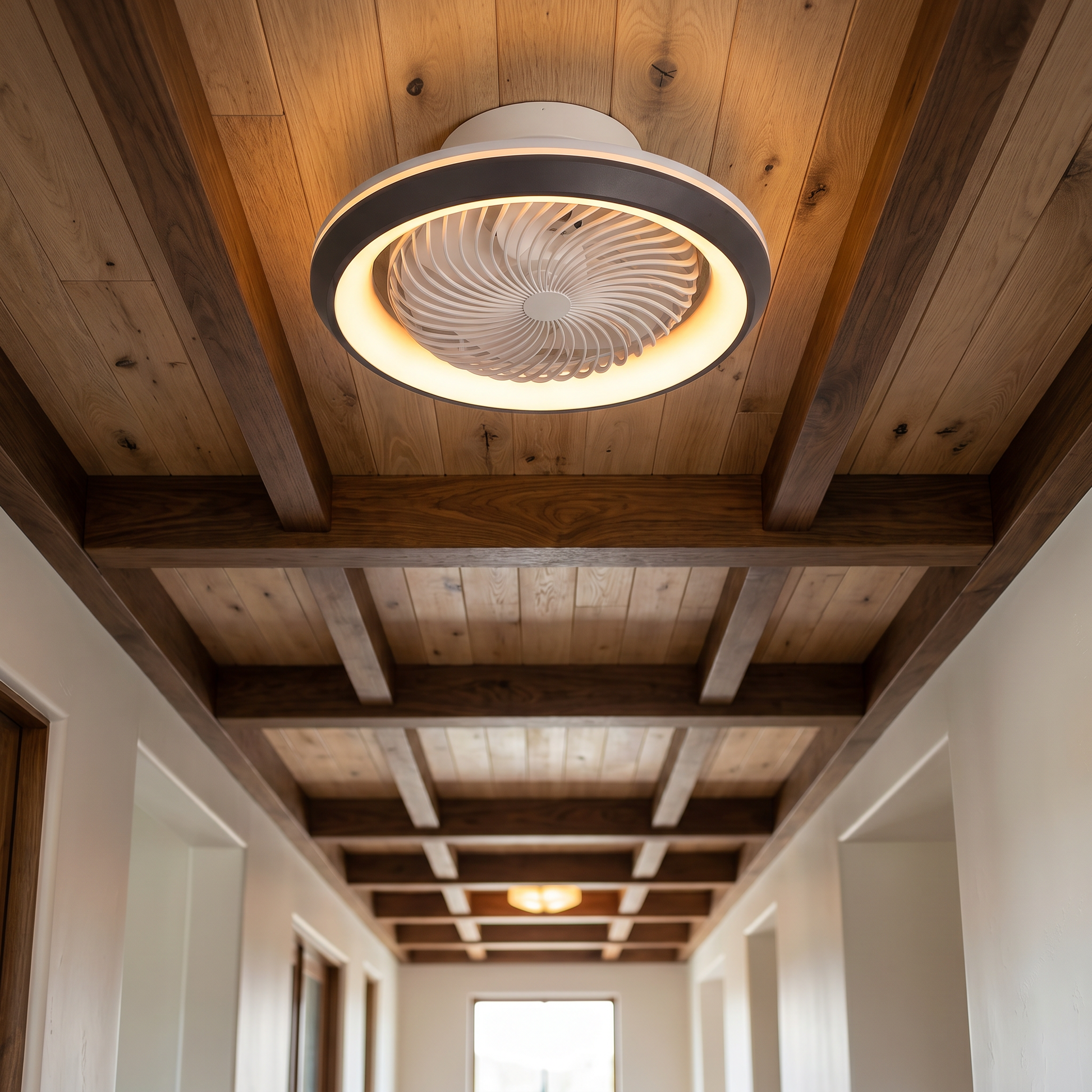 White Kazetsu model 19.3 inch wide ceiling fan light front view in hallway with flush mount and integrated LED ring