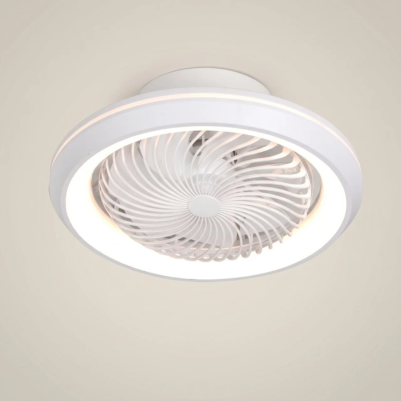 White Kazetsu model 19.3 inch wide ceiling fan light front view lifestyle bedroom scene with flush mount and integrated LED ring