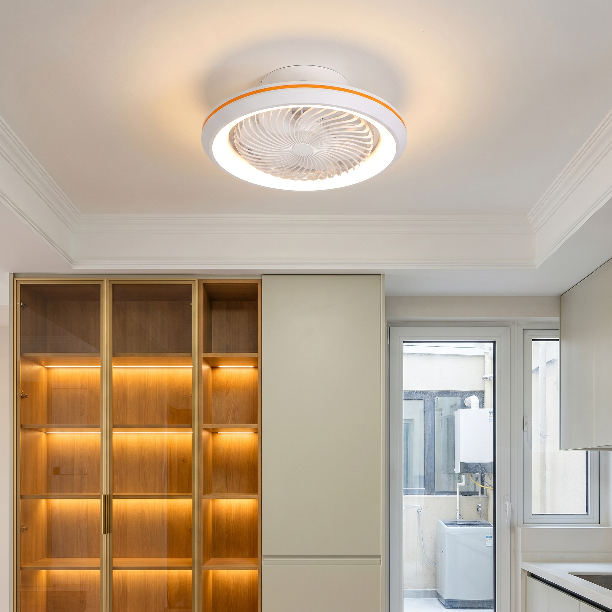 White Kazetsu model 19.3 inch wide ceiling fan light side profile in dining room showing flush mount and integrated LED ring