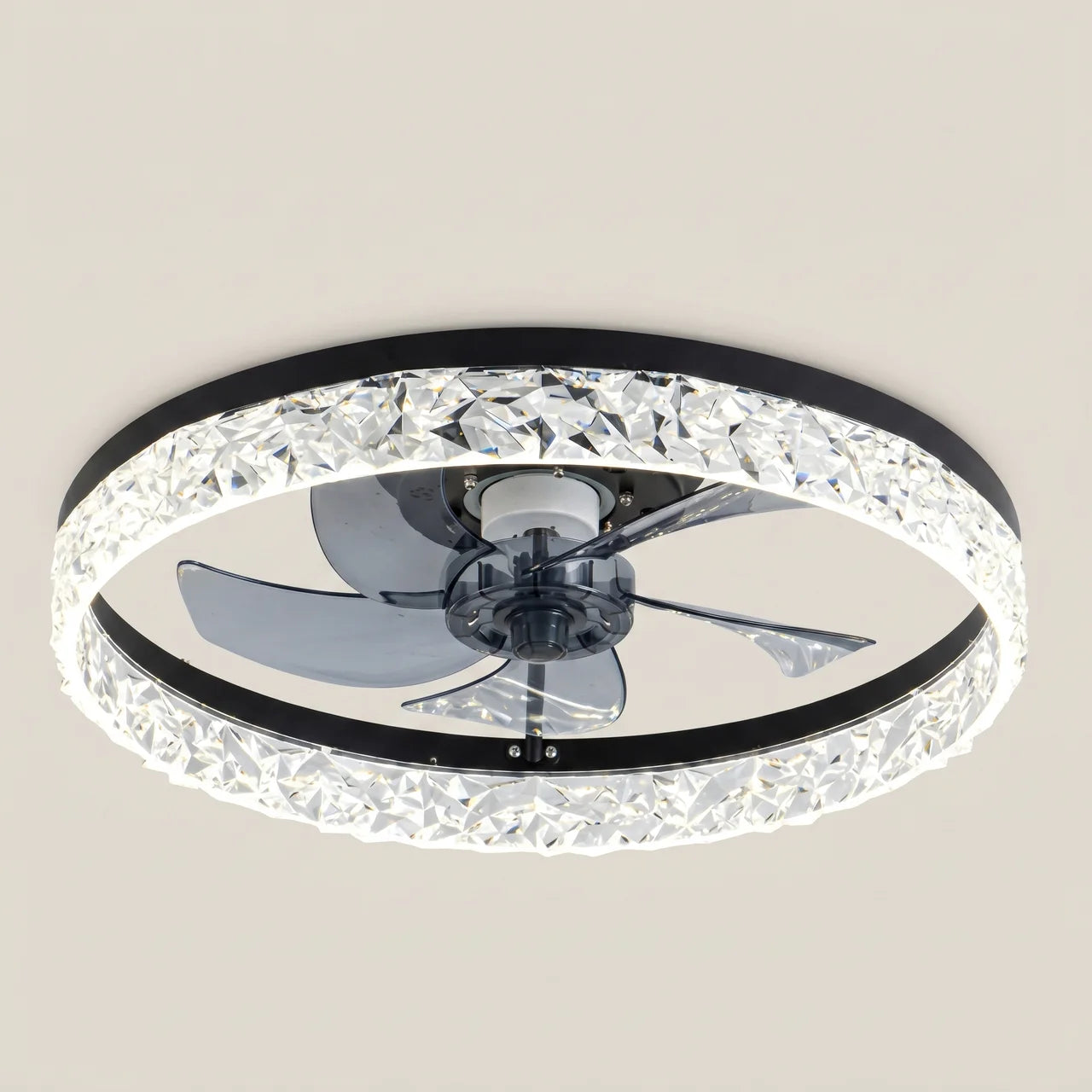 White Kazetsu model 19.3 inch wide ceiling fan light side profile lifestyle study desk scene with flush mount and integrated LED ring