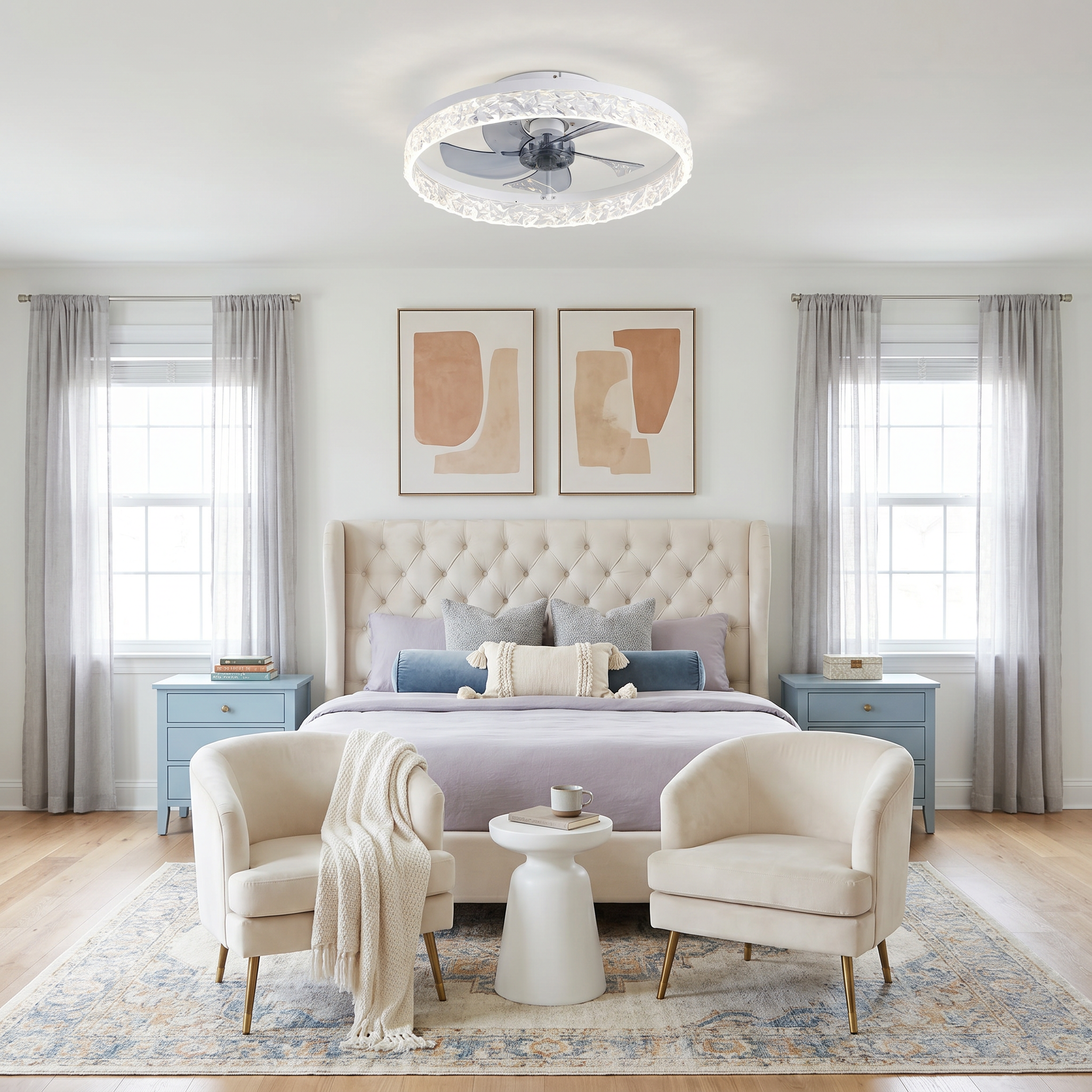 White Kazetsu model 19.3 inch wide ceiling fan light three-quarter angle in bedroom scene with flush mount and integrated LED ring