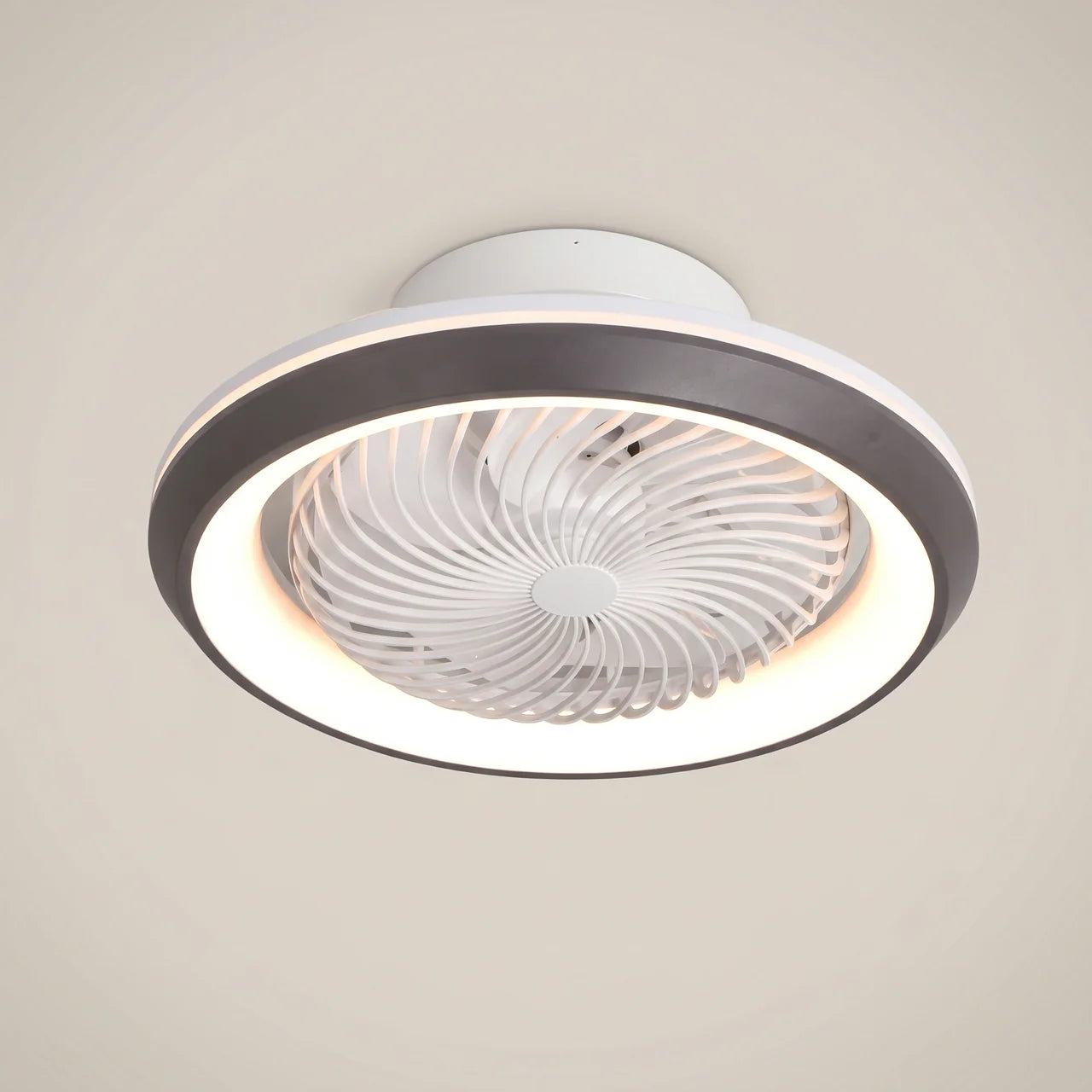 White Kazetsu model 19.3 inch wide ceiling fan light three-quarter angle lifestyle living room scene with flush mount and integrated LED ring