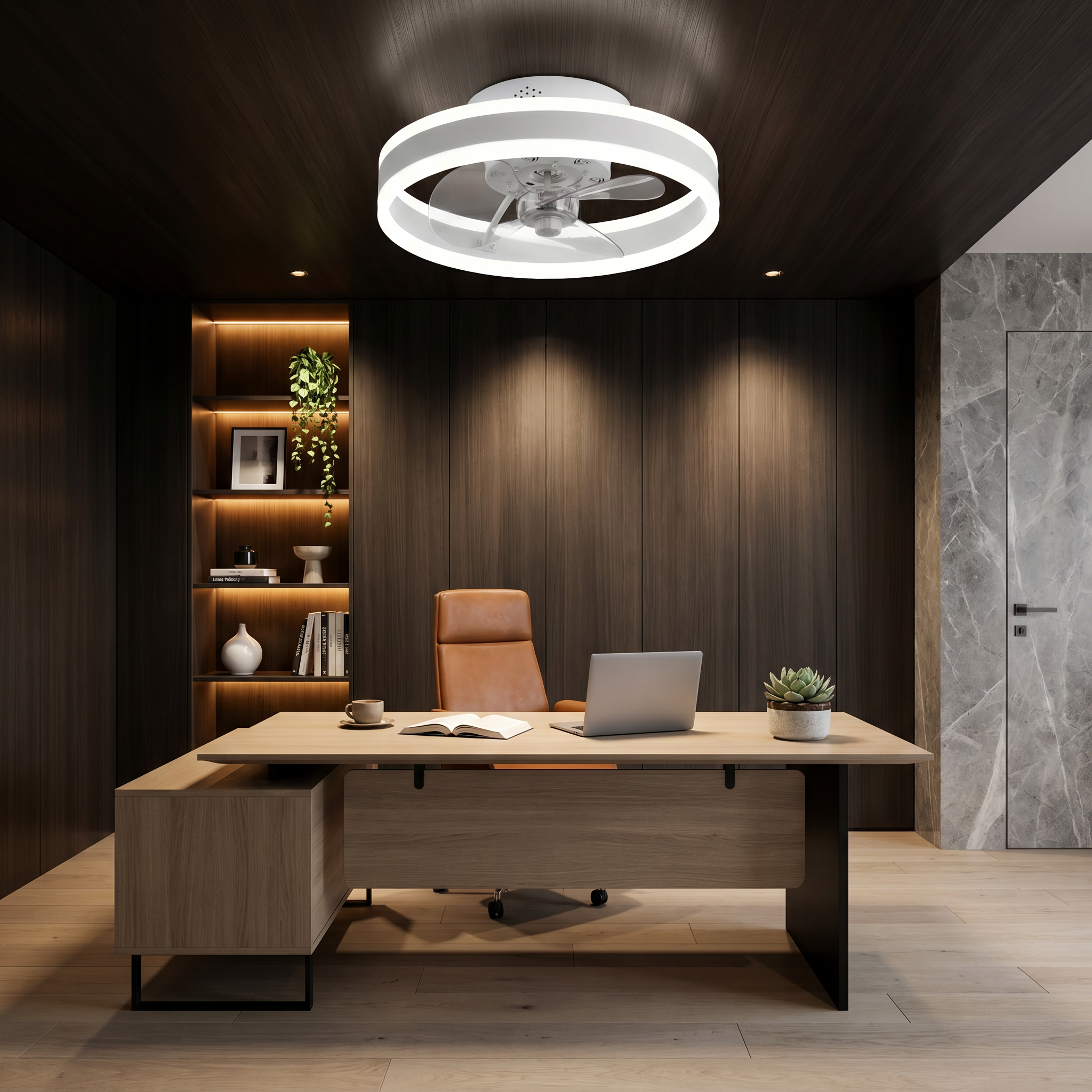 White Kazetsu model 19.3 inch wide ceiling fan light top-down view in home office with flush mount and integrated LED ring