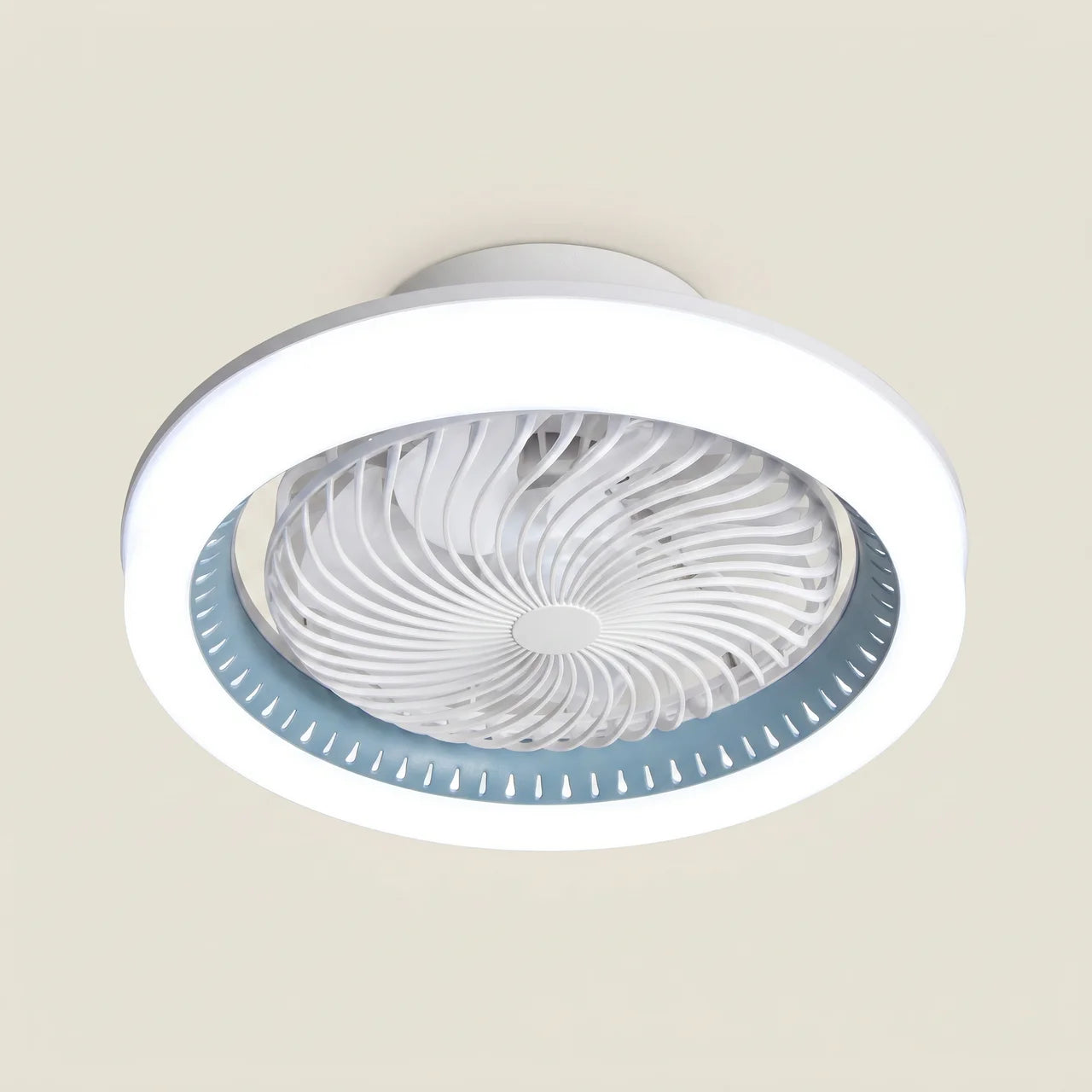 White Kazetsu model 19.3 inch wide ceiling fan light top-down lifestyle dining table scene with flush mount and integrated LED ring