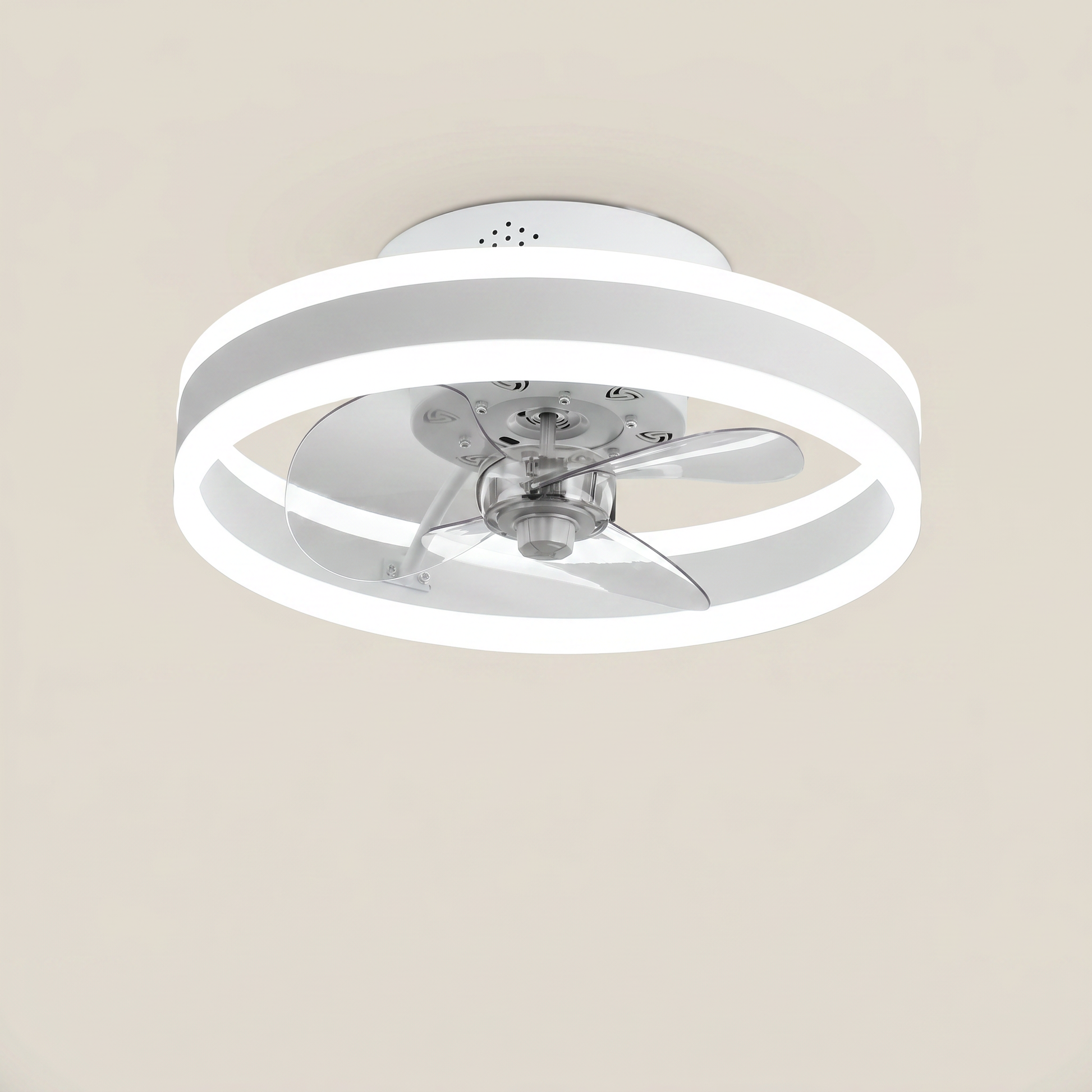 White Soyo model 19.7 inch wide ceiling fan light close-up showing integrated LED ring and flush mount