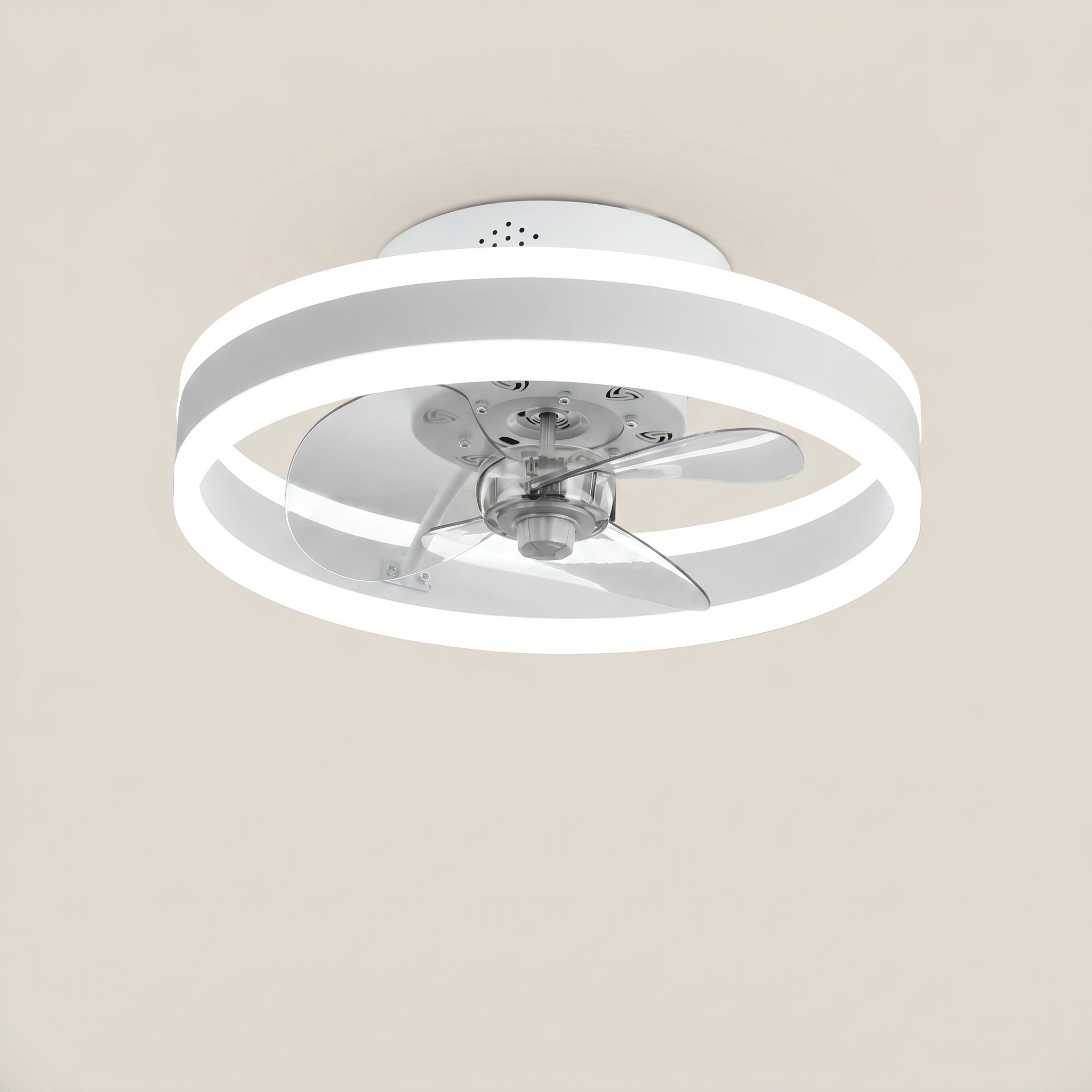 White Soyo model 19.7 inch wide ceiling fan light close-up showing integrated LED ring and flush mount