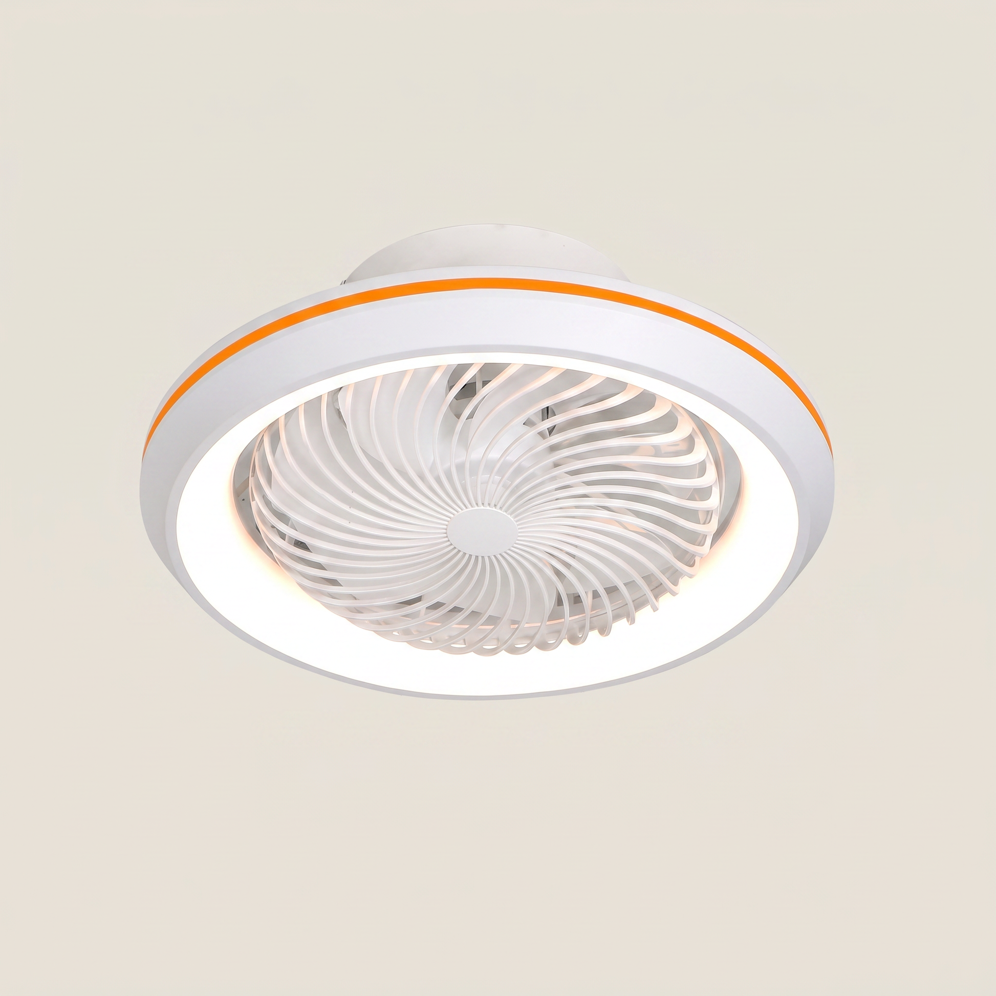White and orange Kazetsu model 19.3 inch wide ceiling fan light close-up showing integrated LED ring and flush mount