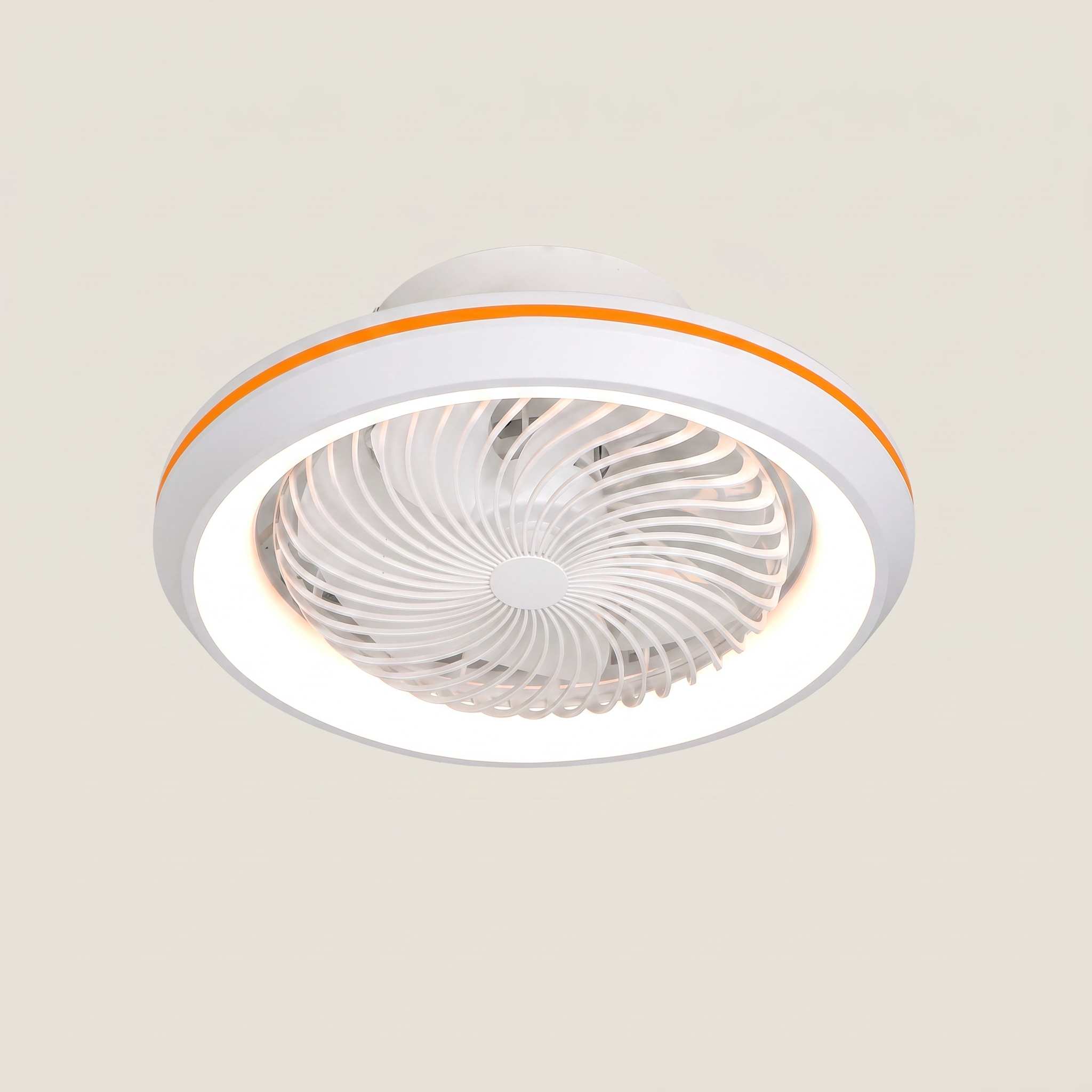 White and orange Kazetsu model 19.3 inch wide ceiling fan light close-up showing integrated LED ring and flush mount