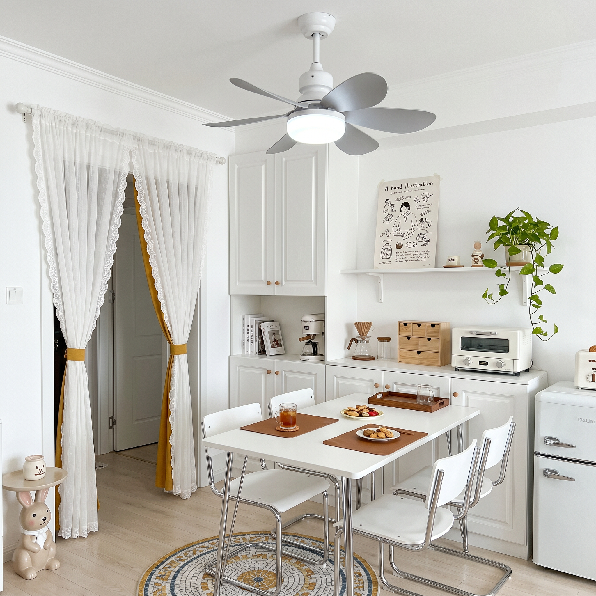 Close-up shot of white plastic round DC brushless motor ceiling fan light with white blades lit in an ambient dining room