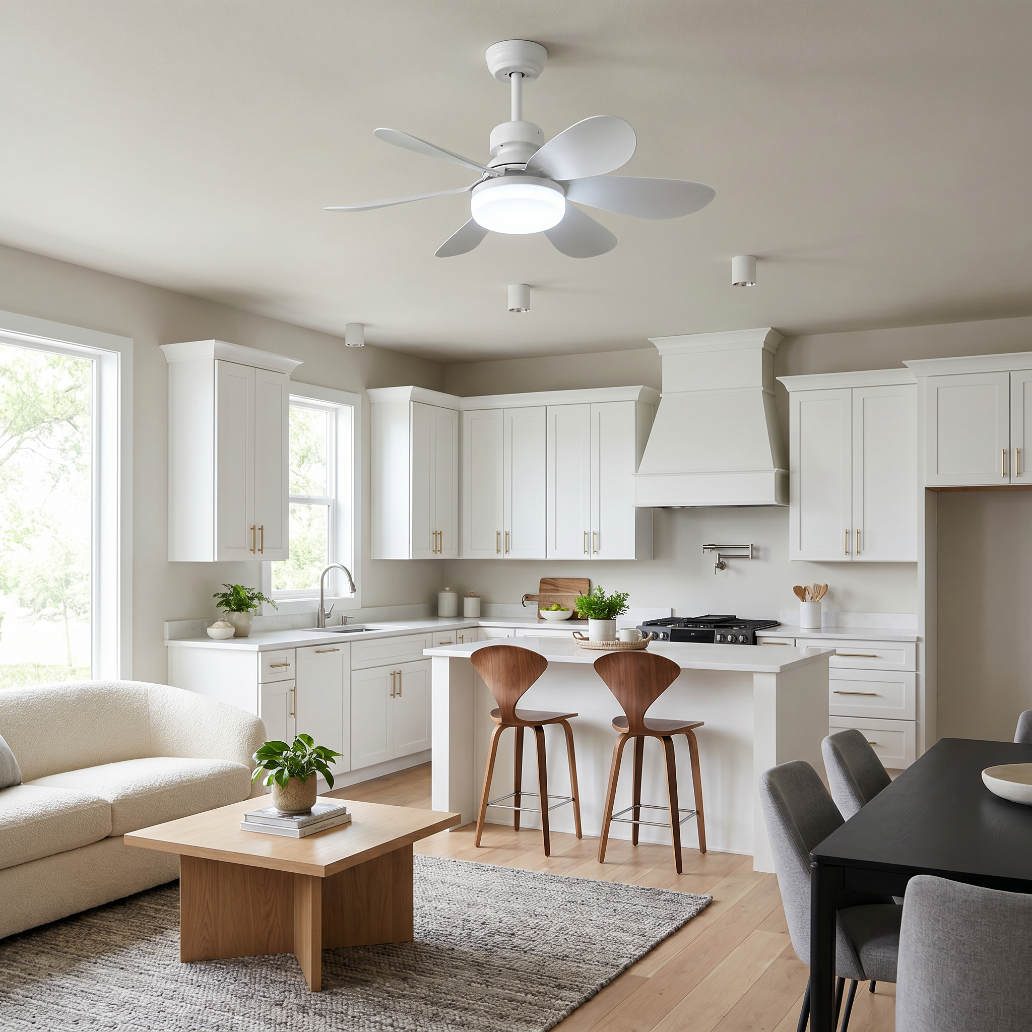Eye-level wide view of white plastic round DC brushless motor ceiling fan light with white blades lit in an ambient kitchen