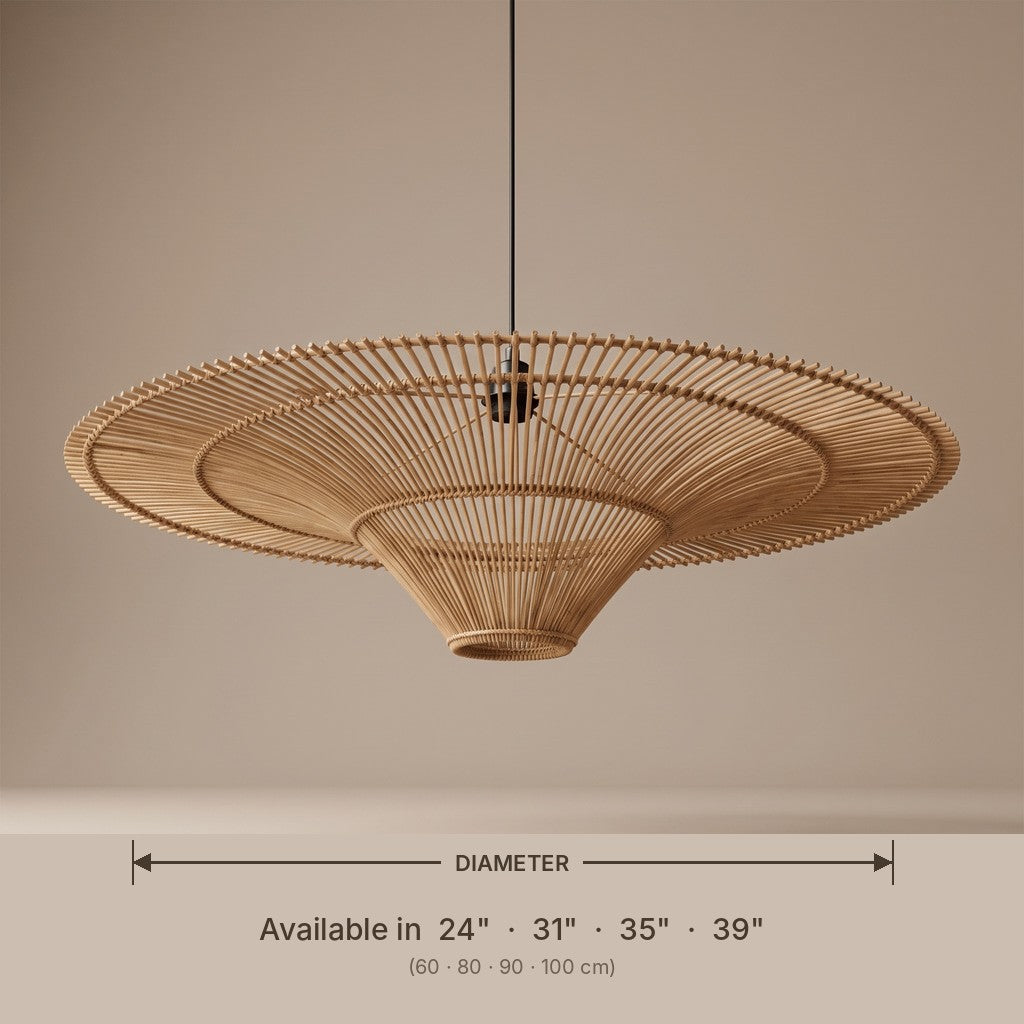 Oversized flat wicker pendant lamp shade dimensions and available diameters in inches