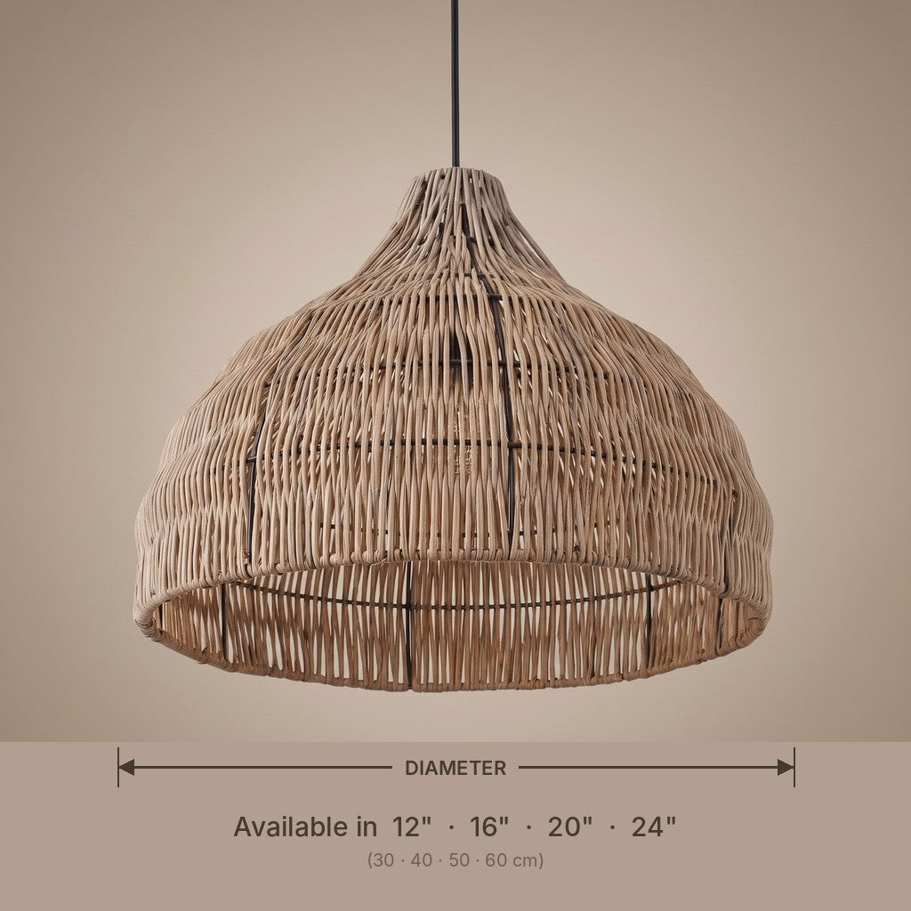 Weathered wicker pendant lamp shade dimensions and available diameters in inches