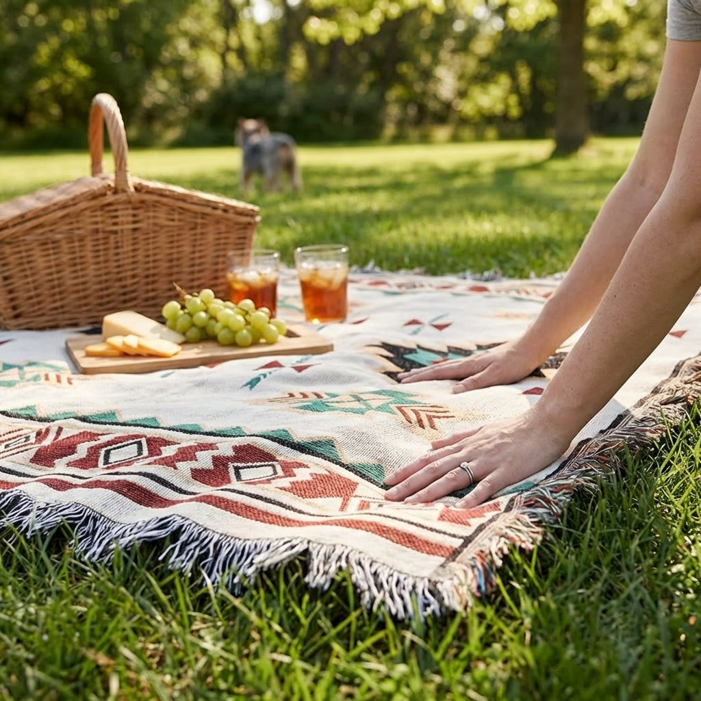 AI generated: Serenity Escape | Bohemian Chic Picnic Blanket with Eco-Friendly Fabric