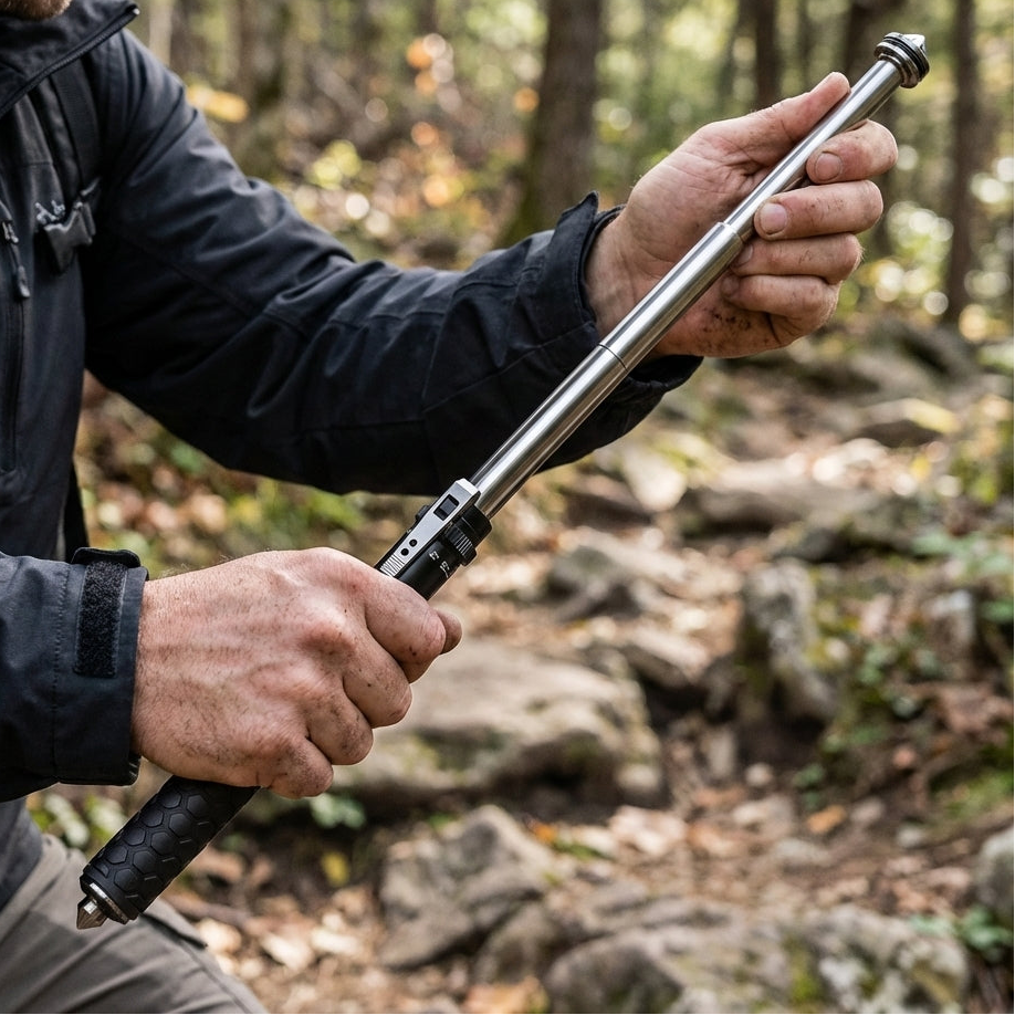 AI generated: Trek Guardian | Automatic Walking Stick with Ergonomic Grip and Self-Defense Feature