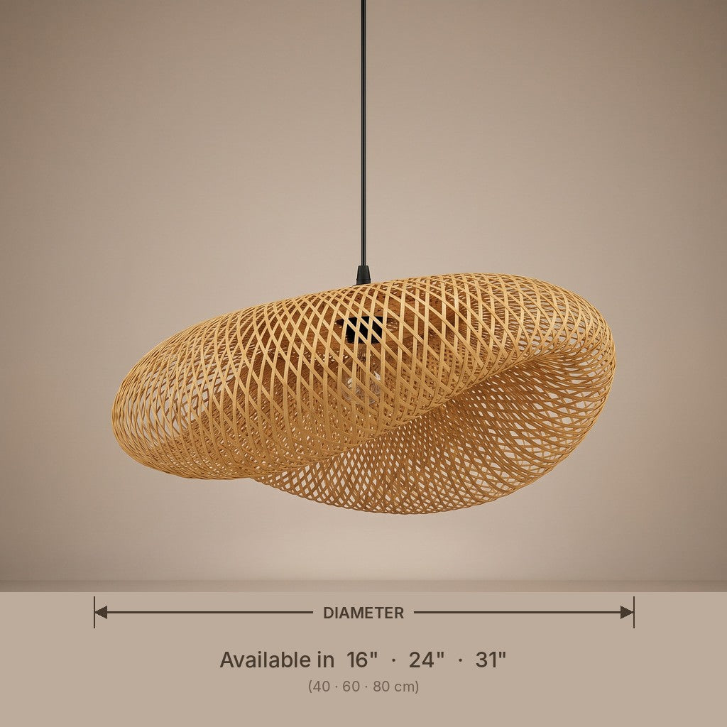Sculptural wave bamboo pendant lamp shade dimensions and available diameters in inches