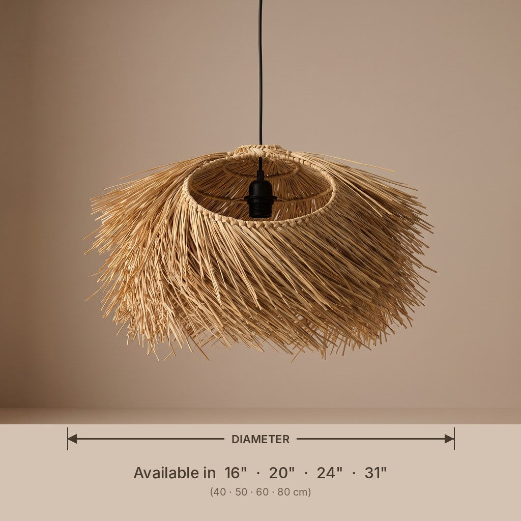 Straw fringe pendant lamp shade dimensions and available diameters in inches