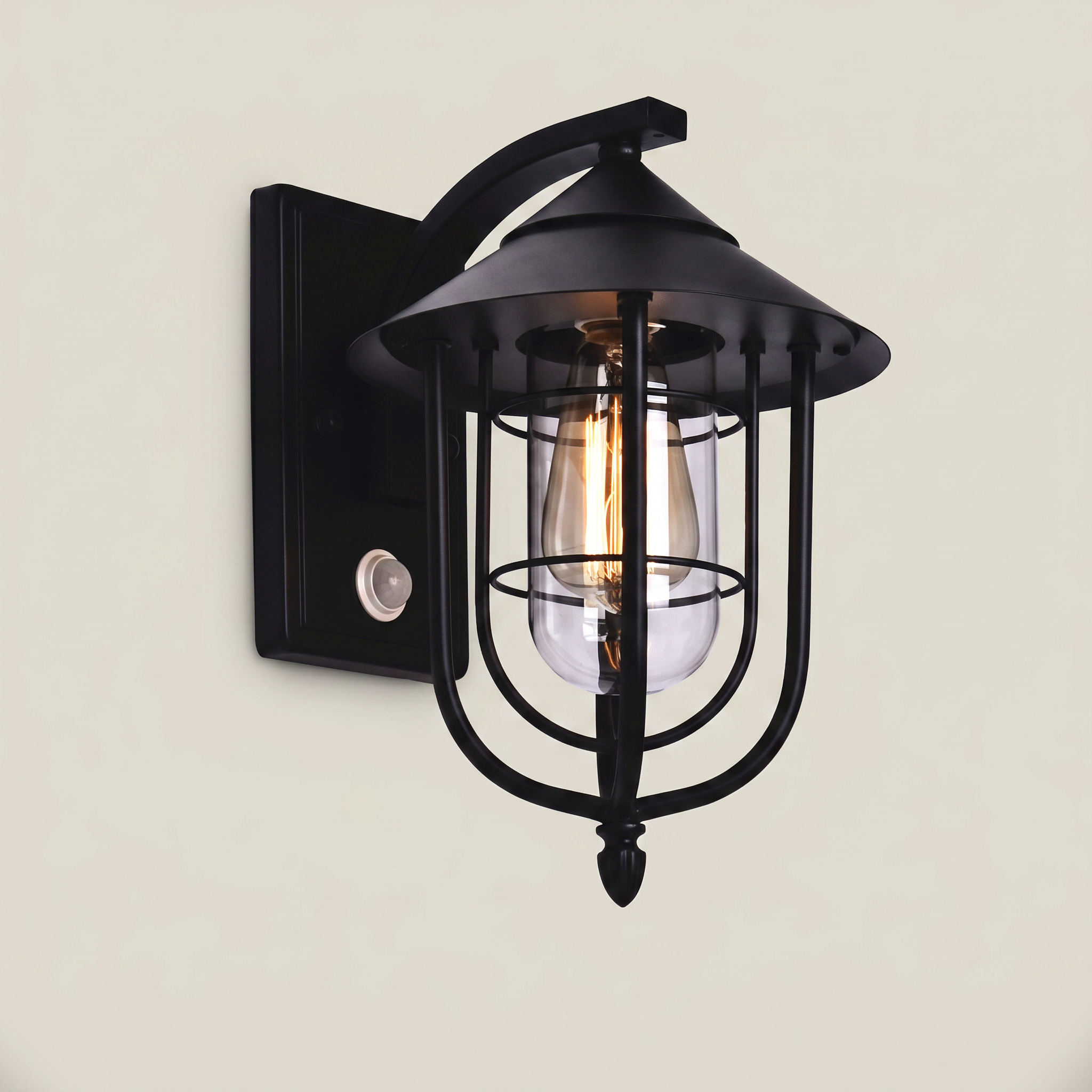 Iron Matte Black Conical Cage Motion Sensor LED Outdoor Wall Sconce