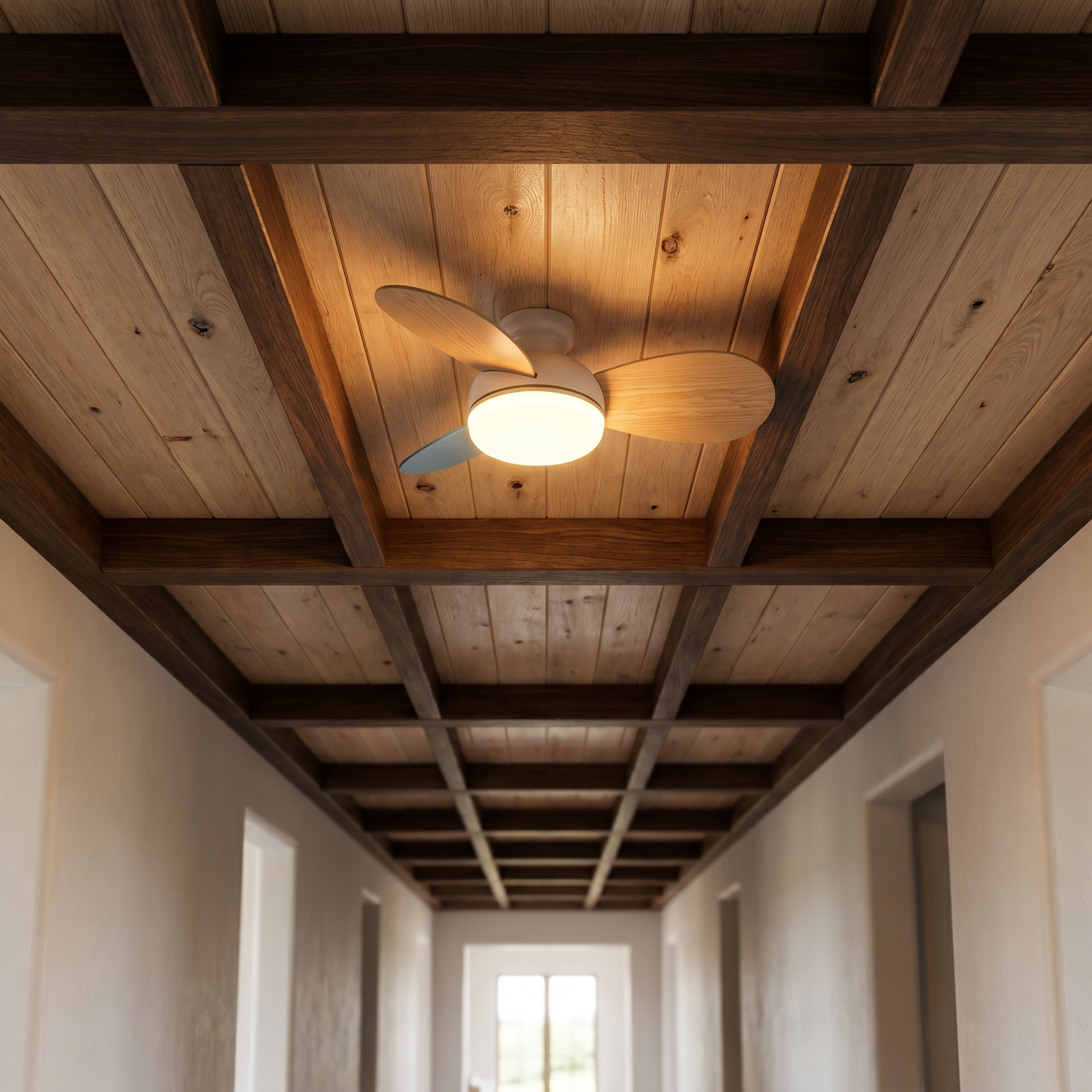Cream ABS wood 3-blade ceiling fan light in white 42 inch lit with full spectrum LED in modern hallway lifestyle setting