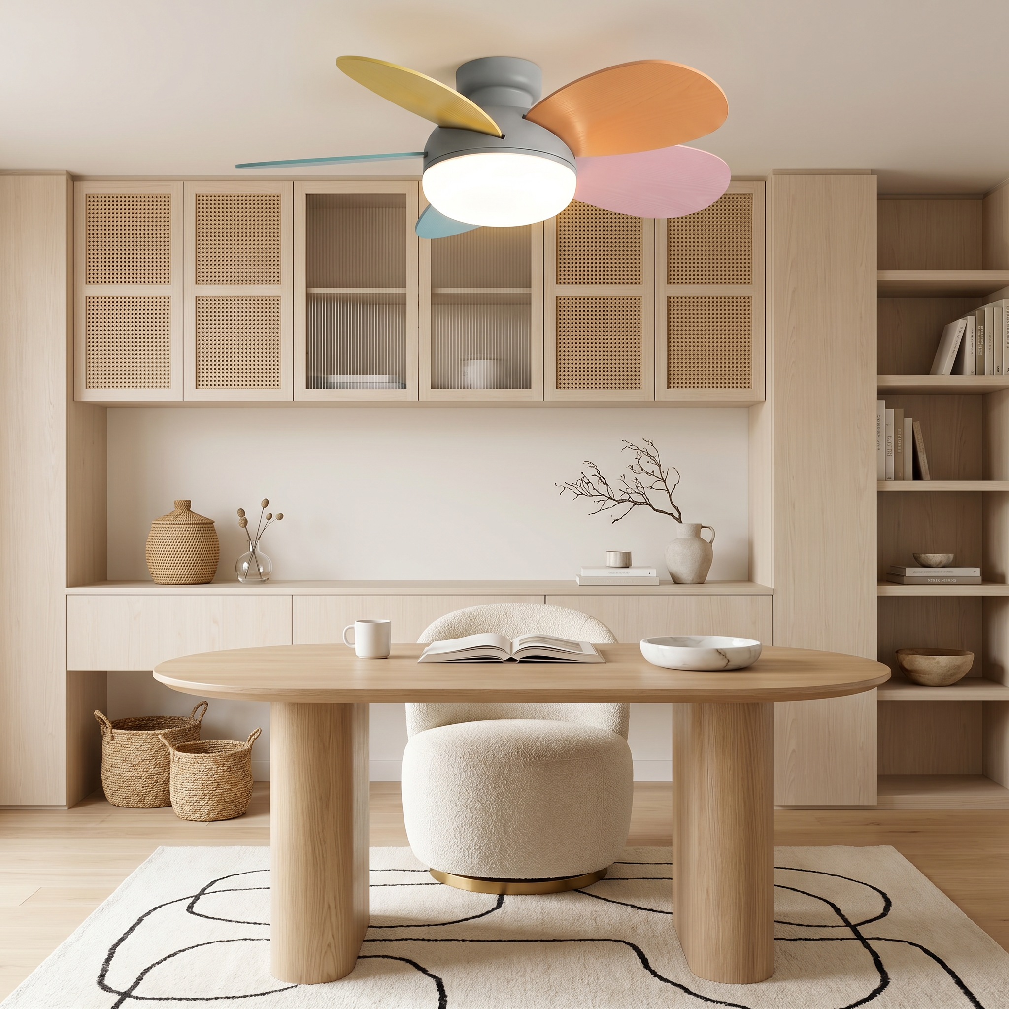 Cream ABS wood 3-blade ceiling fan light in gray 36 inch lit with full spectrum LED in home office lifestyle scene