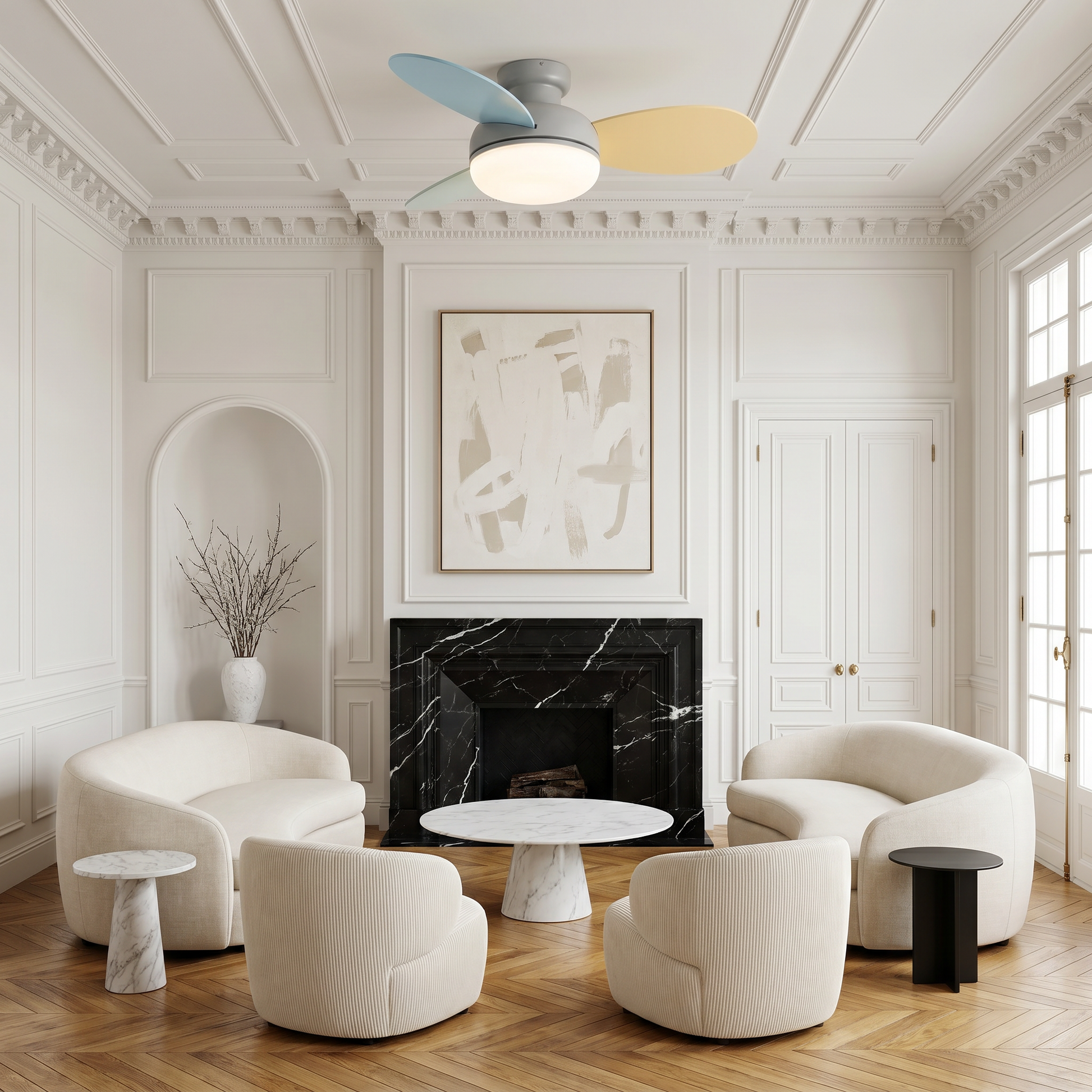 Cream ABS wood 3-blade ceiling fan light in gray 36 inch lit with full spectrum LED in cozy living room lifestyle scene