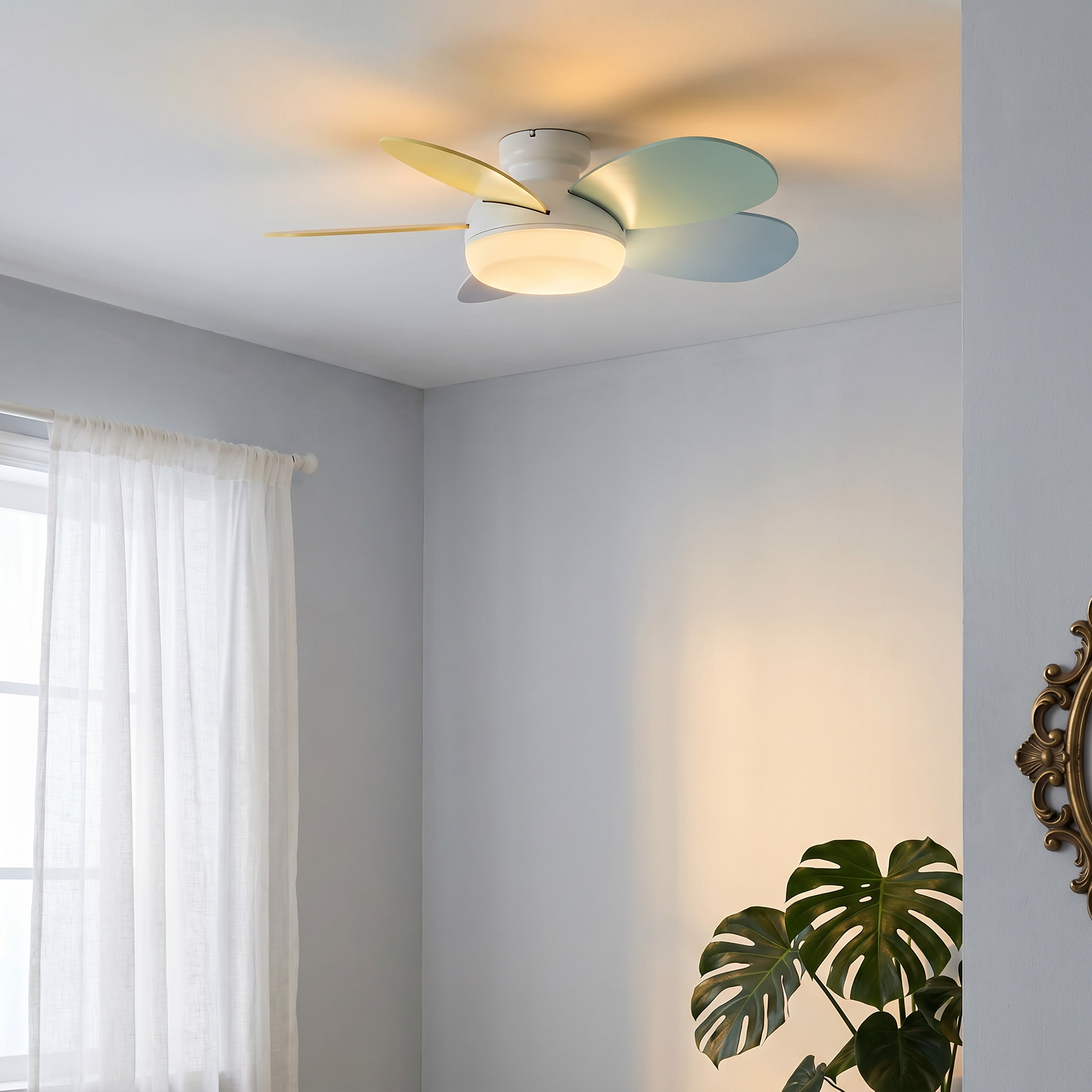 Cream ABS wood 3-blade ceiling fan light in white 36 inch lit with full spectrum LED in versatile modern room lifestyle