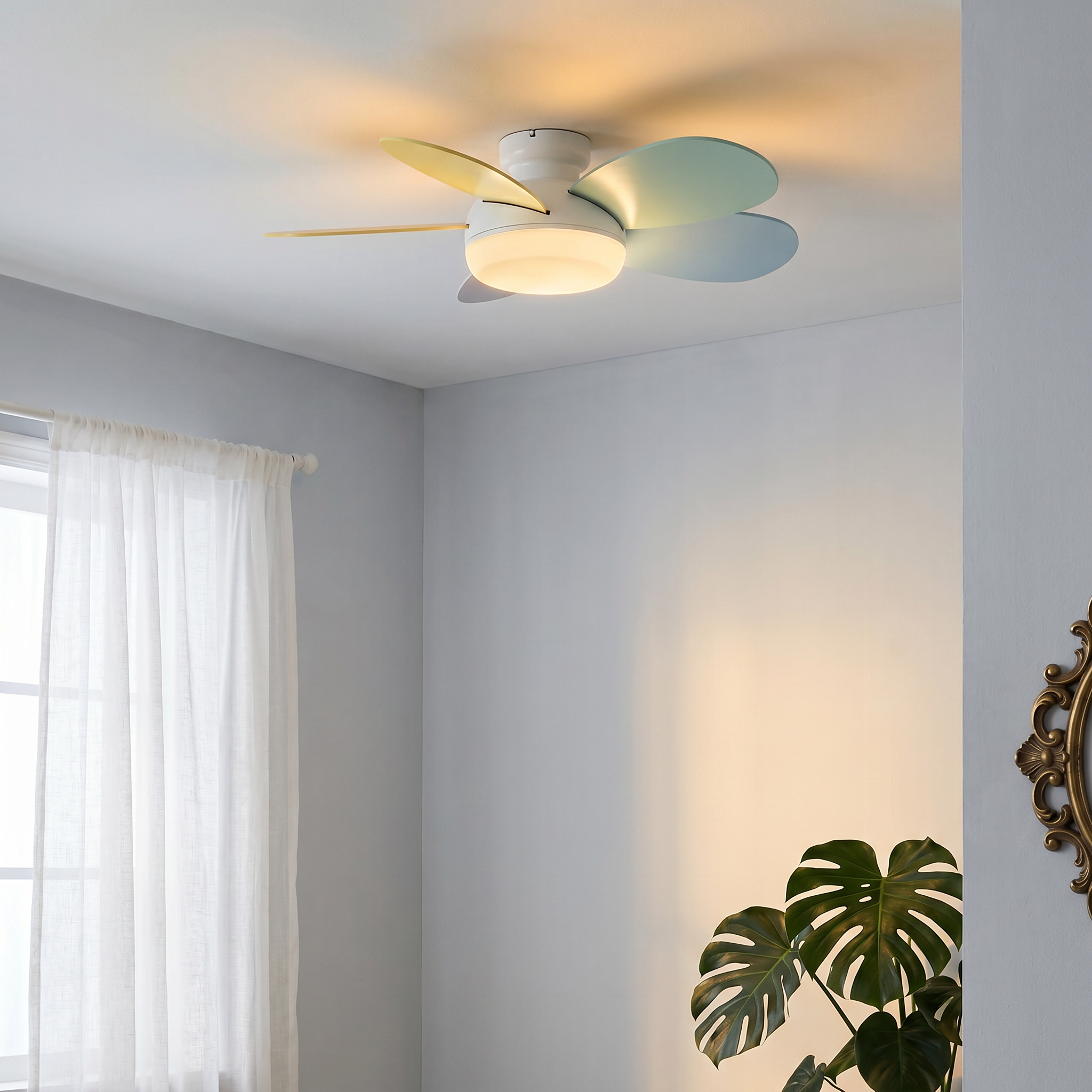 Cream ABS wood 3-blade ceiling fan light in white 36 inch lit with full spectrum LED in versatile modern room lifestyle