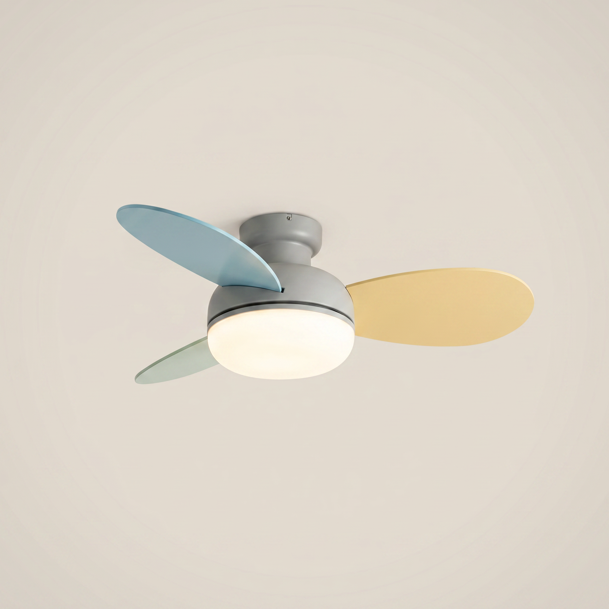 Three-quarter view of cream ABS wood 3-blade ceiling fan light in gray 36 inch flush mount showing full spectrum LED and remote control