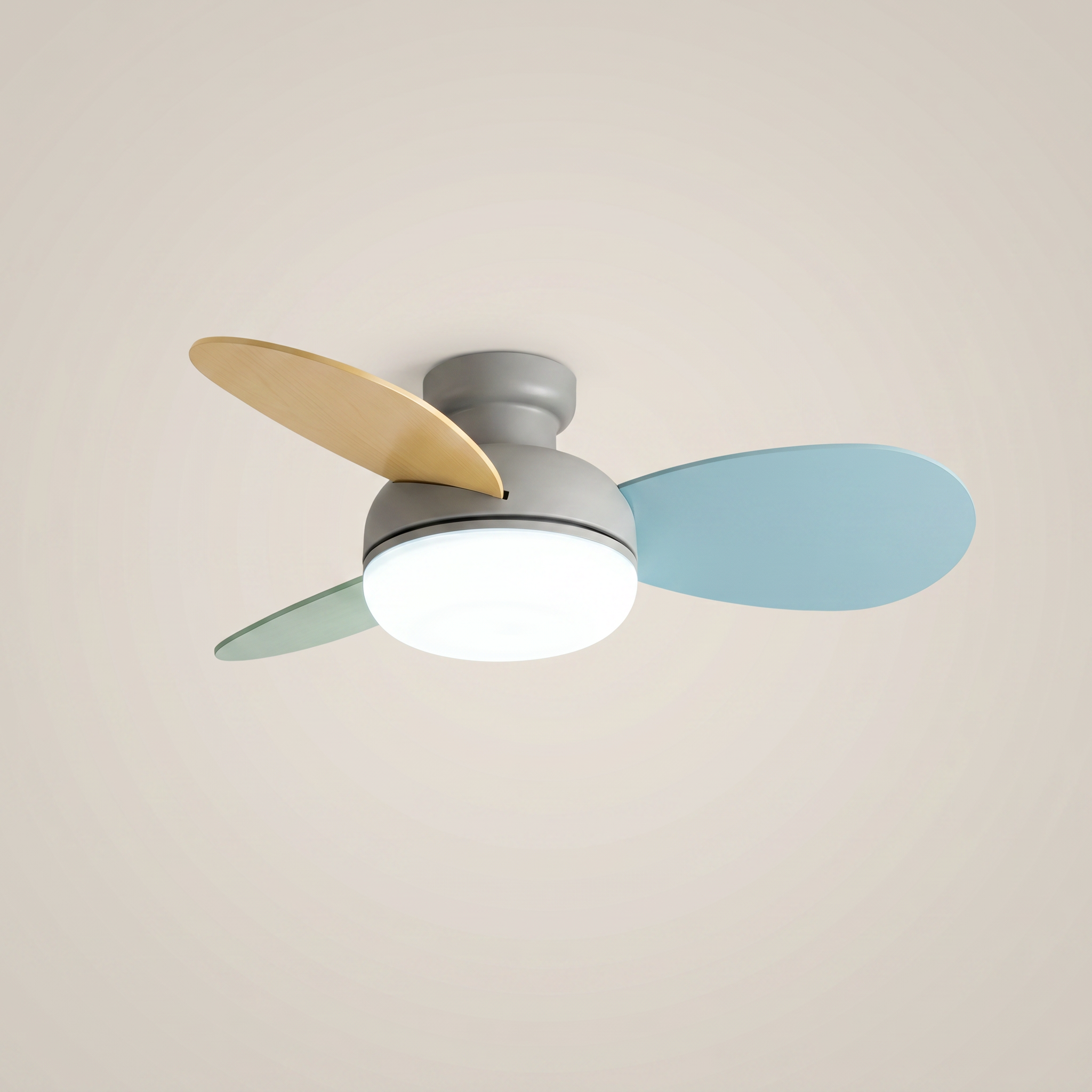 Three-quarter view of cream ABS wood 3-blade ceiling fan light in gray 42 inch flush mount showing full spectrum LED and remote control