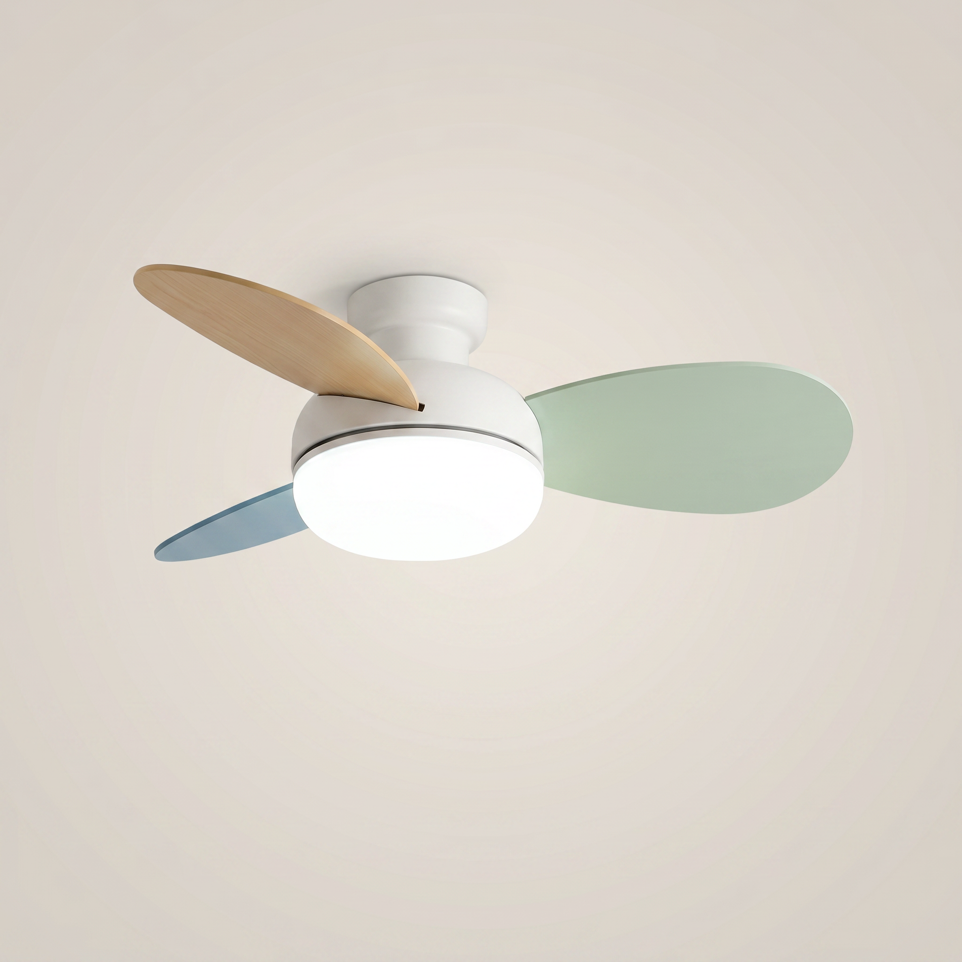 Three-quarter view of cream ABS wood 3-blade ceiling fan light in white 36 inch flush mount showing full spectrum LED and remote control