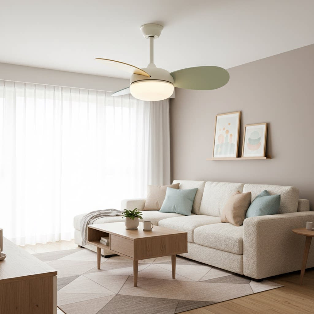 Cream ABS wood 3-blade ceiling fan light three-quarter view in white 36 inch size showing full spectrum LED and remote control