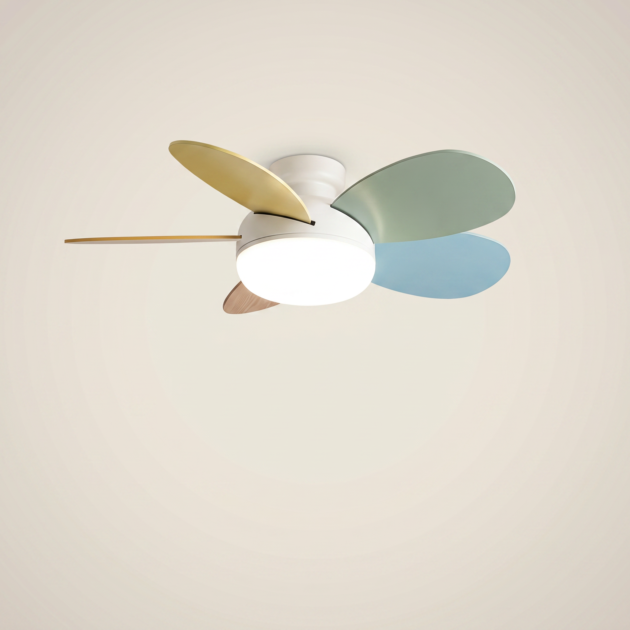 Three-quarter view of cream ABS wood 5-blade ceiling fan light in white 42 inch flush mount showing full spectrum LED and remote control