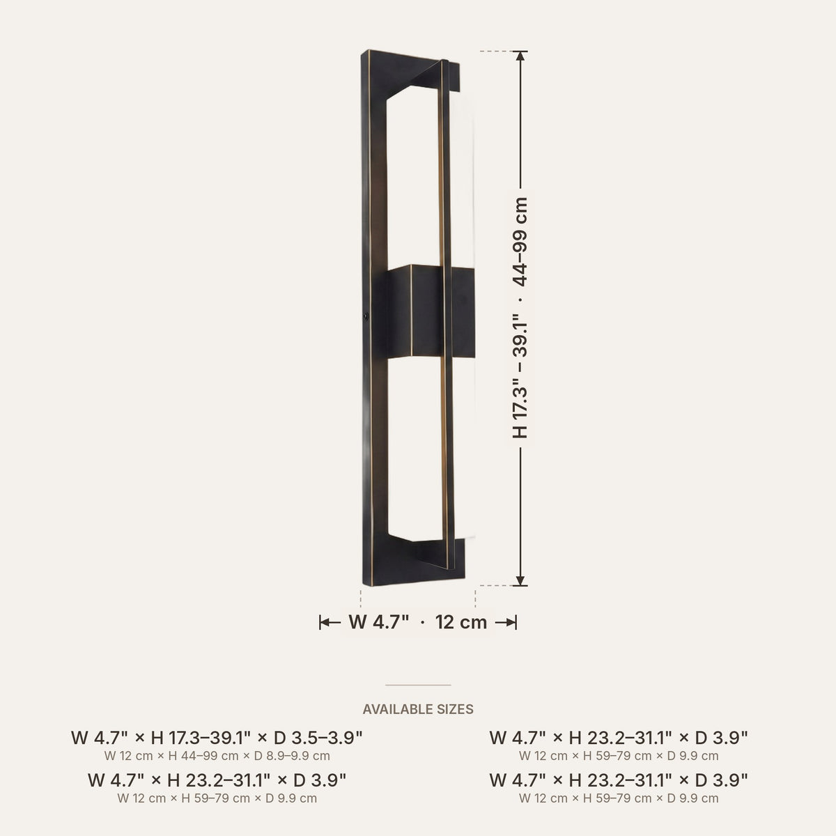 Light fixture dimensions in inches and cm